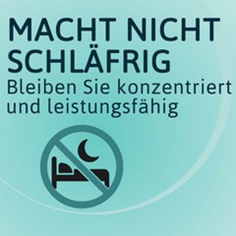 Text: Macht nicht schläfrig. Bleiben Sie konzentriert und leistungsfähig. Abbildung: Durchgestrichenes Bett-Symbol.