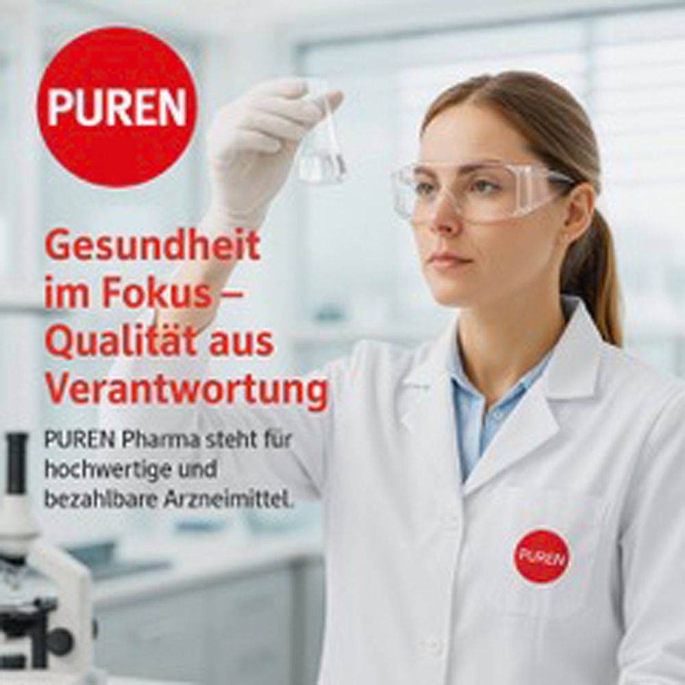 Eine Frau mit Schutzbrille und Laborkittel hält ein Reagenzglas. Text: Gesundheit im Fokus - Qualität aus Verantwortung. PUREN Pharma.