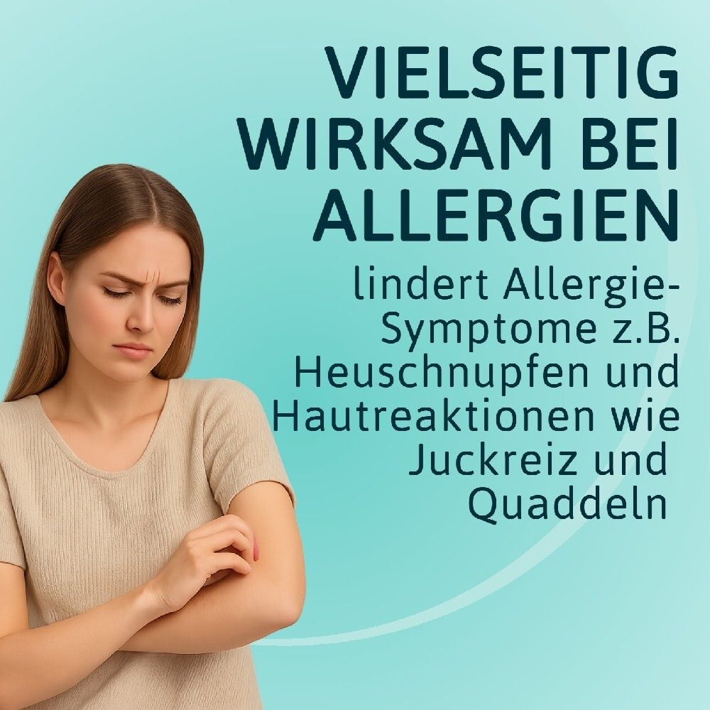 Text auf blauem Hintergrund: Vielseitig wirksam bei Allergien. Lindert Allergie-Symptome.