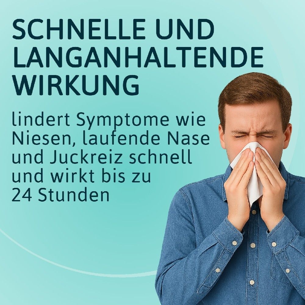 Text auf blauem Hintergrund: Schnelle und langanhaltende Wirkung. Lindert Symptome wie Niesen.