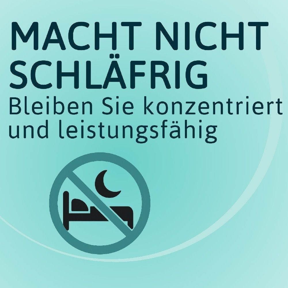 Text auf blauem Hintergrund: Macht nicht schläfrig. Bleiben Sie konzentriert und leistungsfähig.