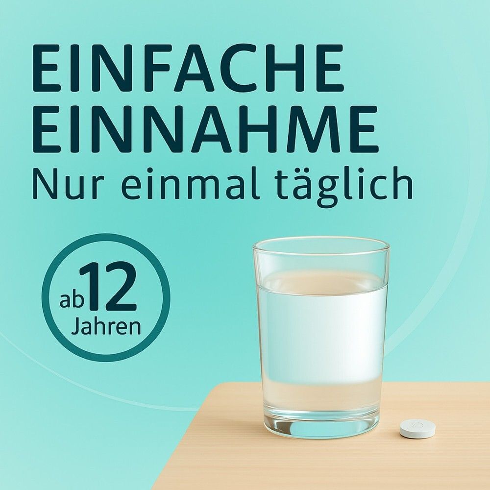 Text auf blauem Hintergrund: Einfache Einnahme. Nur einmal täglich. Ab 12 Jahren.