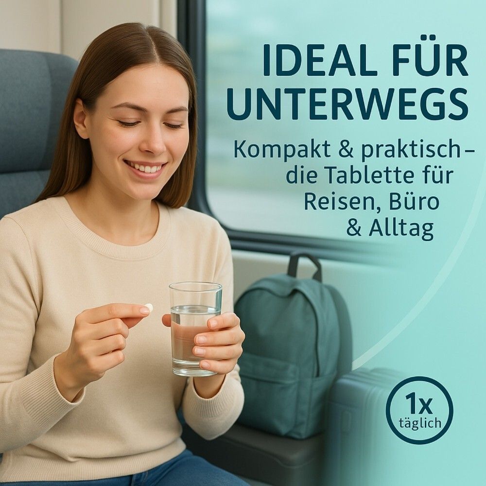 Frau nimmt Tablette mit Wasser ein. Text: Ideal für unterwegs. Tablette für Reisen, Büro & Alltag.
