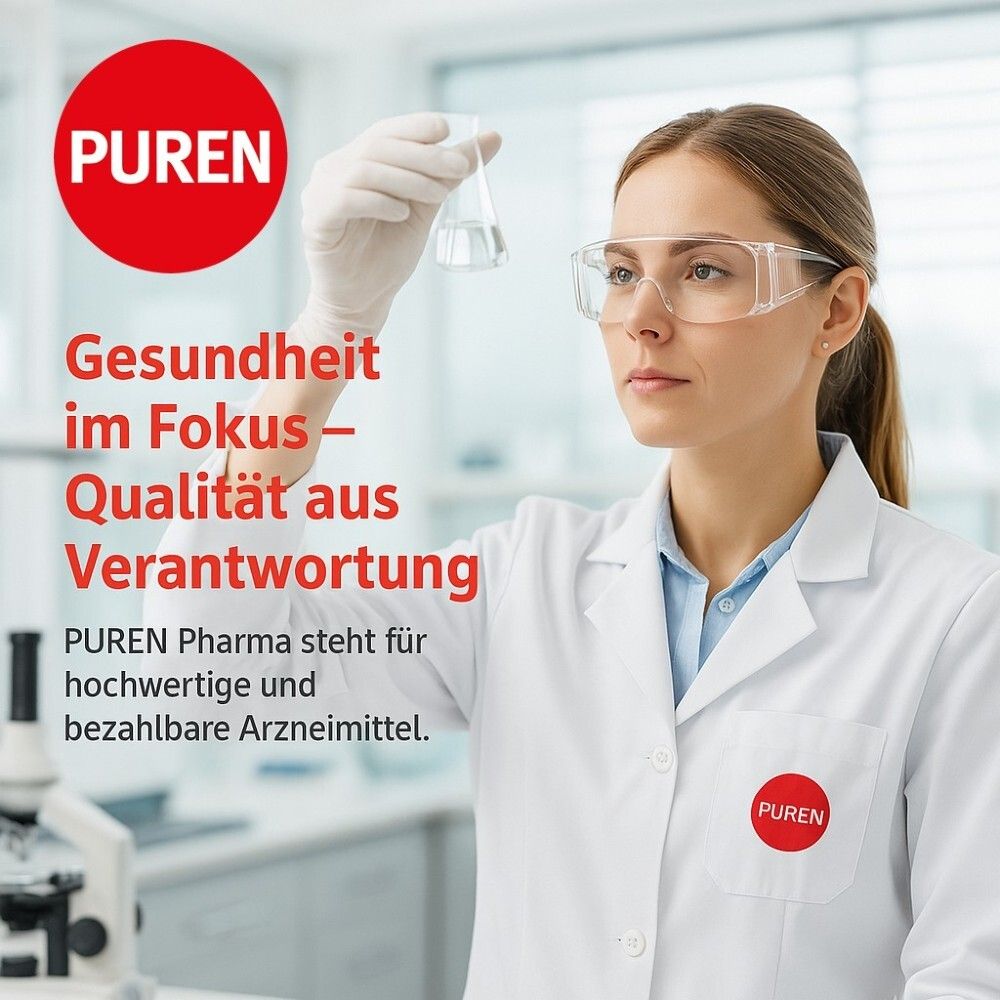 Wissenschaftlerin mit Schutzbrille und Reagenzglas. Text: Gesundheit im Fokus - Qualität aus Verantwortung.