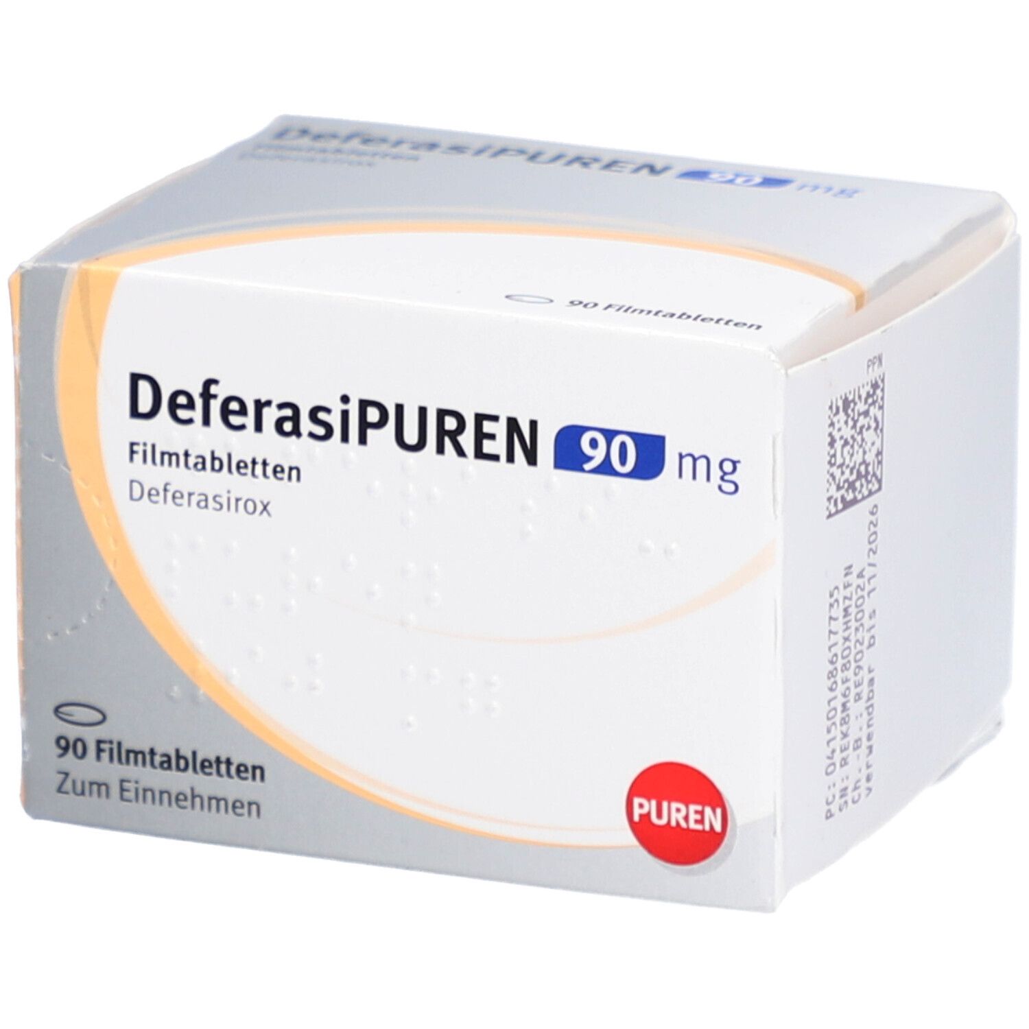 Schachtel DEFERASIPUREN 90 mg Filmtabletten. Aufschrift: 90 Filmtabletten, PUREN. Weiße und orangefarbene Verpackung.