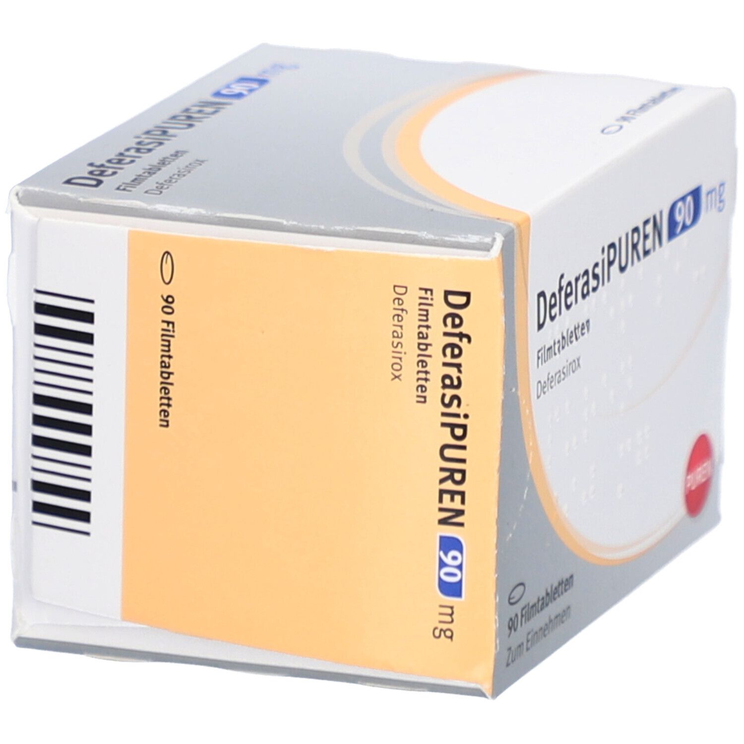 Verpackung DEFERASIPUREN 90 mg Filmtabletten. Aufschrift: 90 Filmtabletten. Orangefarbene Seite mit Barcode.