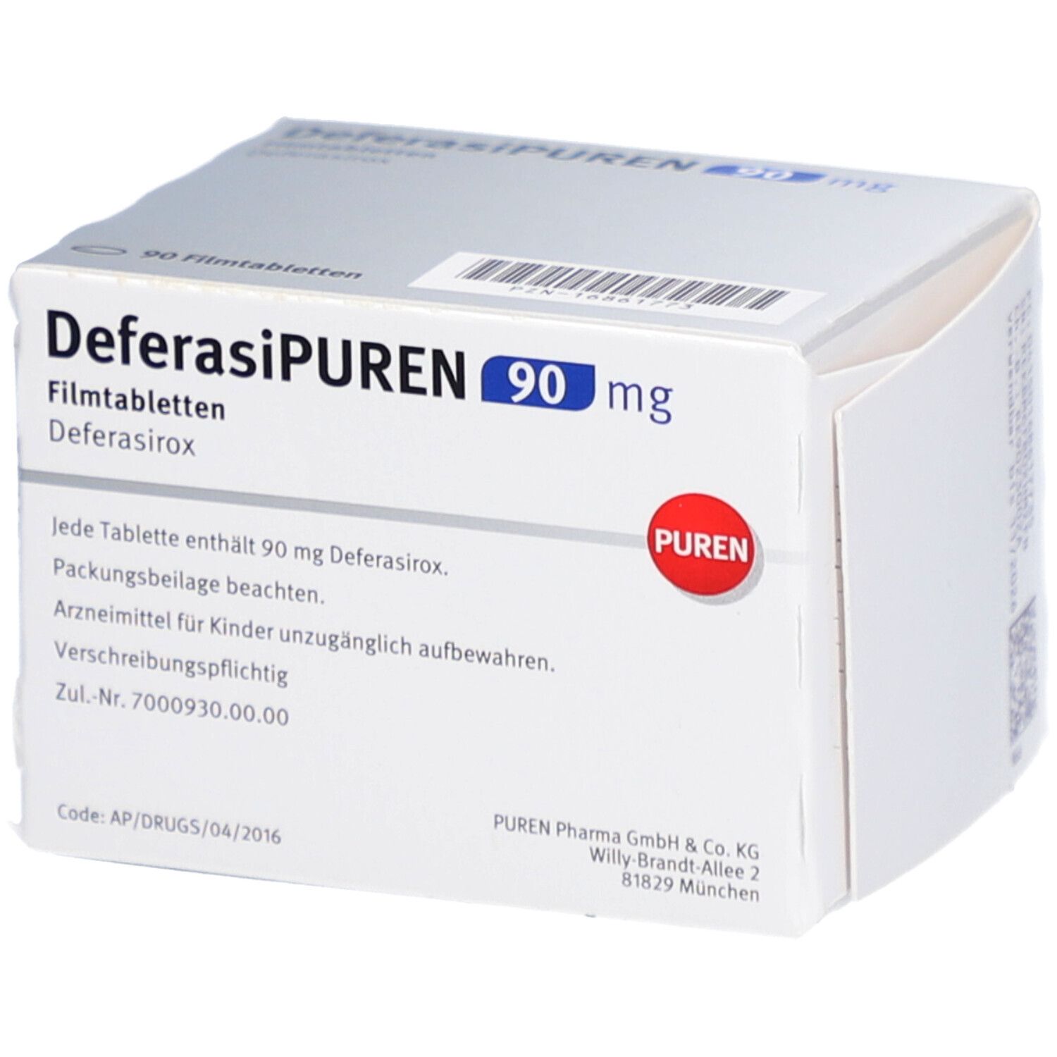 Schachtel DEFERASIPUREN 90 mg Filmtabletten. Aufschrift: 90 Filmtabletten, PUREN. Textinformationen und rotes PUREN-Logo.