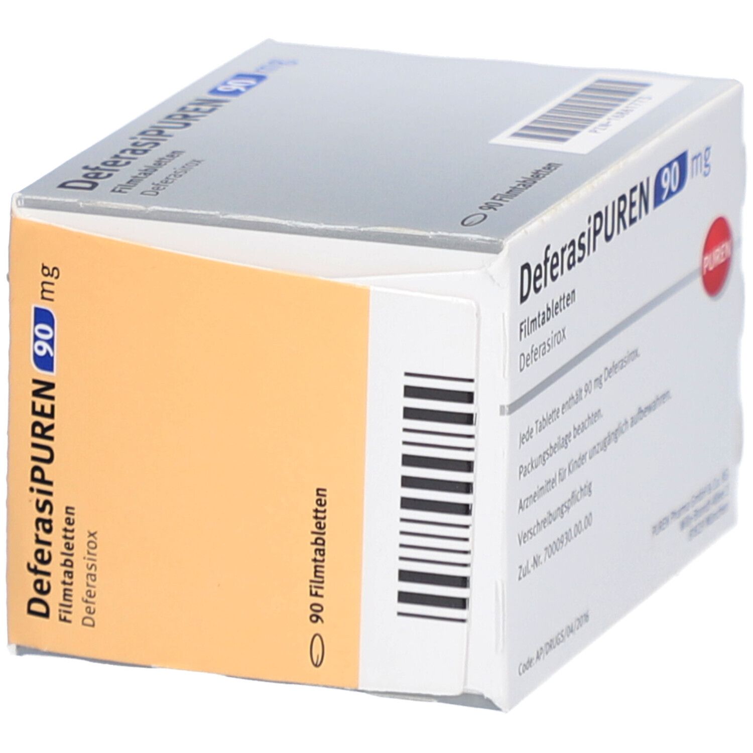 Verpackung DEFERASIPUREN 90 mg Filmtabletten. Aufschrift: 90 Filmtabletten. Orangefarbene Seite mit Text und Barcode.