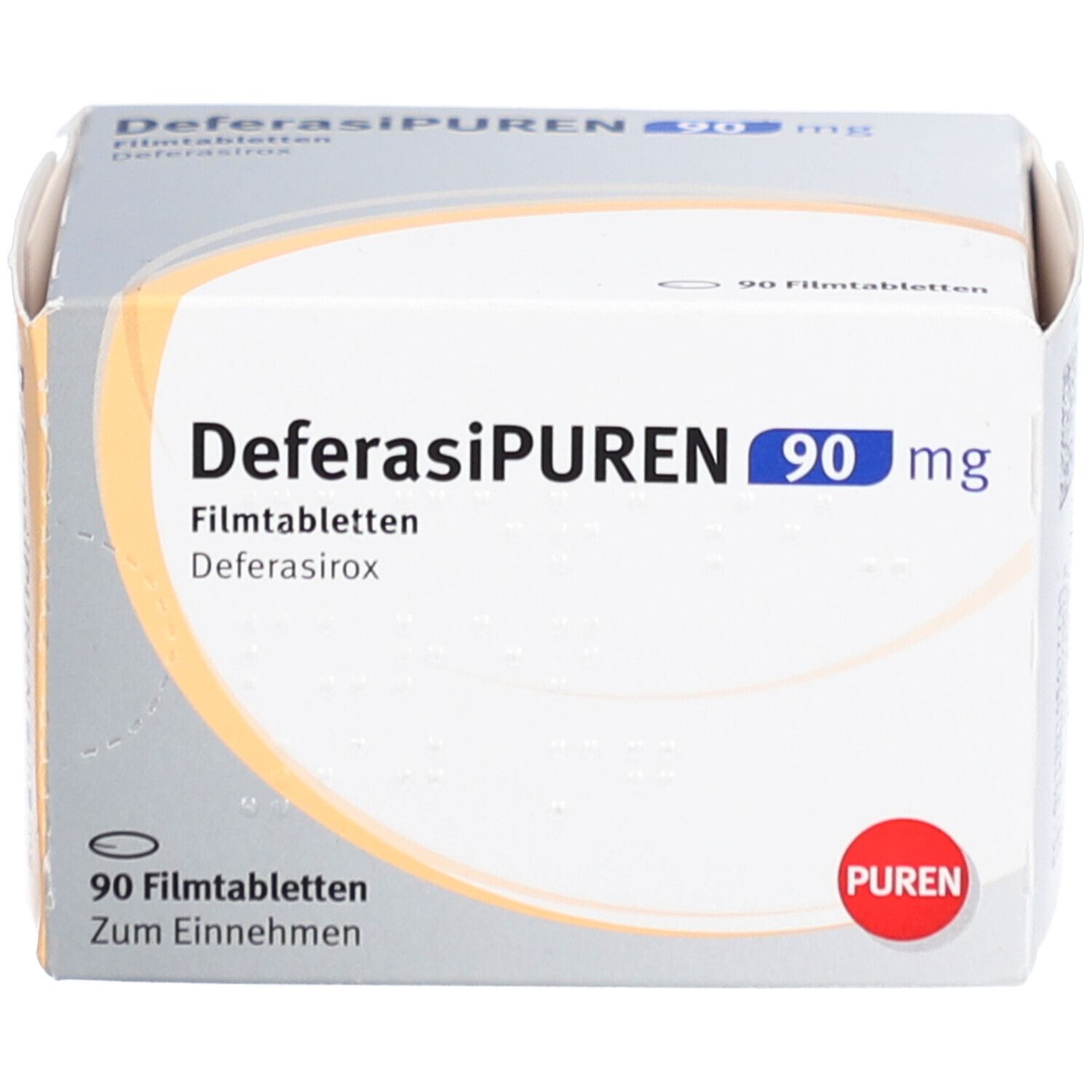 Schachtel DEFERASIPUREN 90 mg Filmtabletten. Aufschrift: 90 Filmtabletten, PUREN. Weiße Verpackung mit orangefarbenem Design.