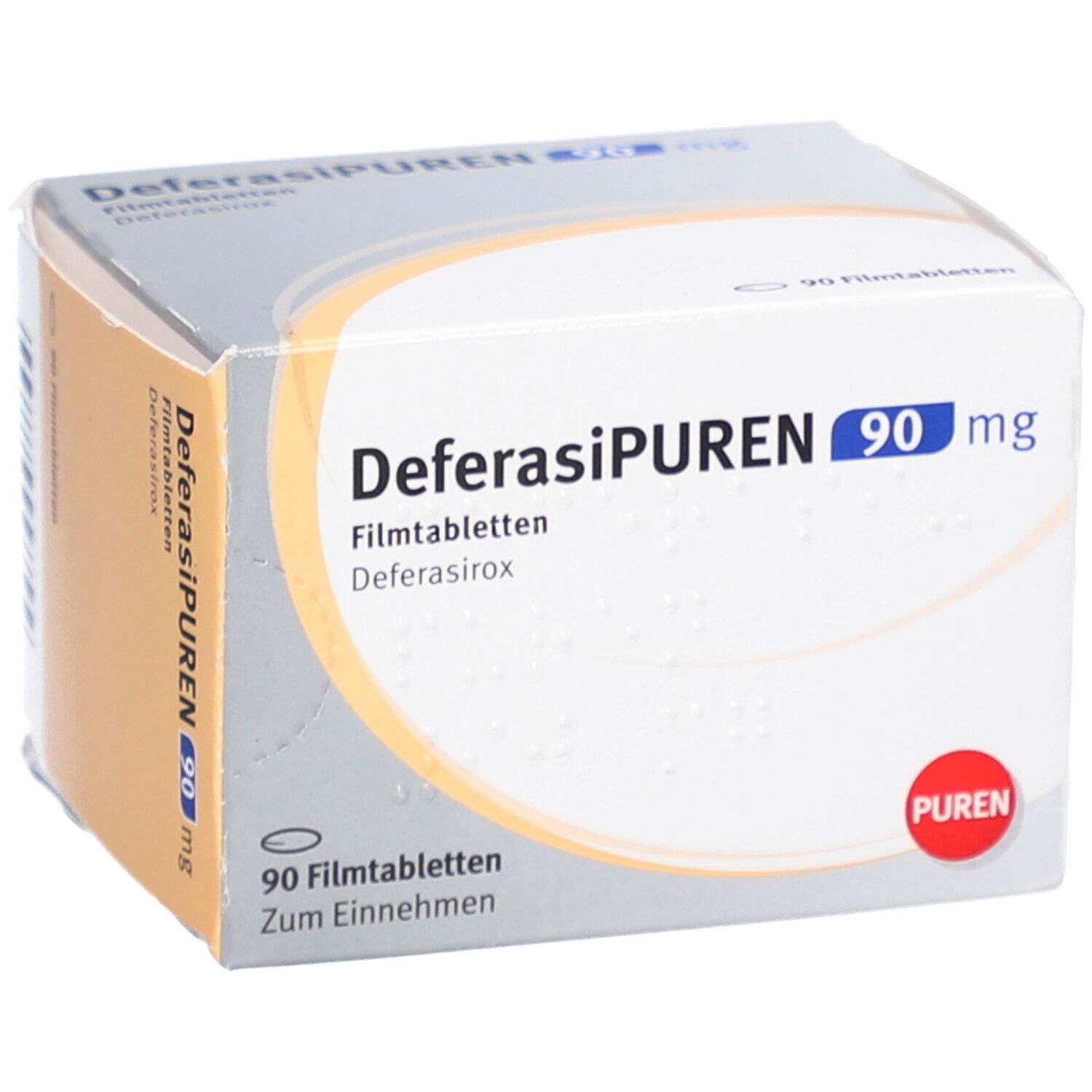 Schachtel DEFERASIPUREN 90 mg Filmtabletten. Aufschrift: 90 Filmtabletten, PUREN. Weiße Verpackung mit orangefarbenem Design.