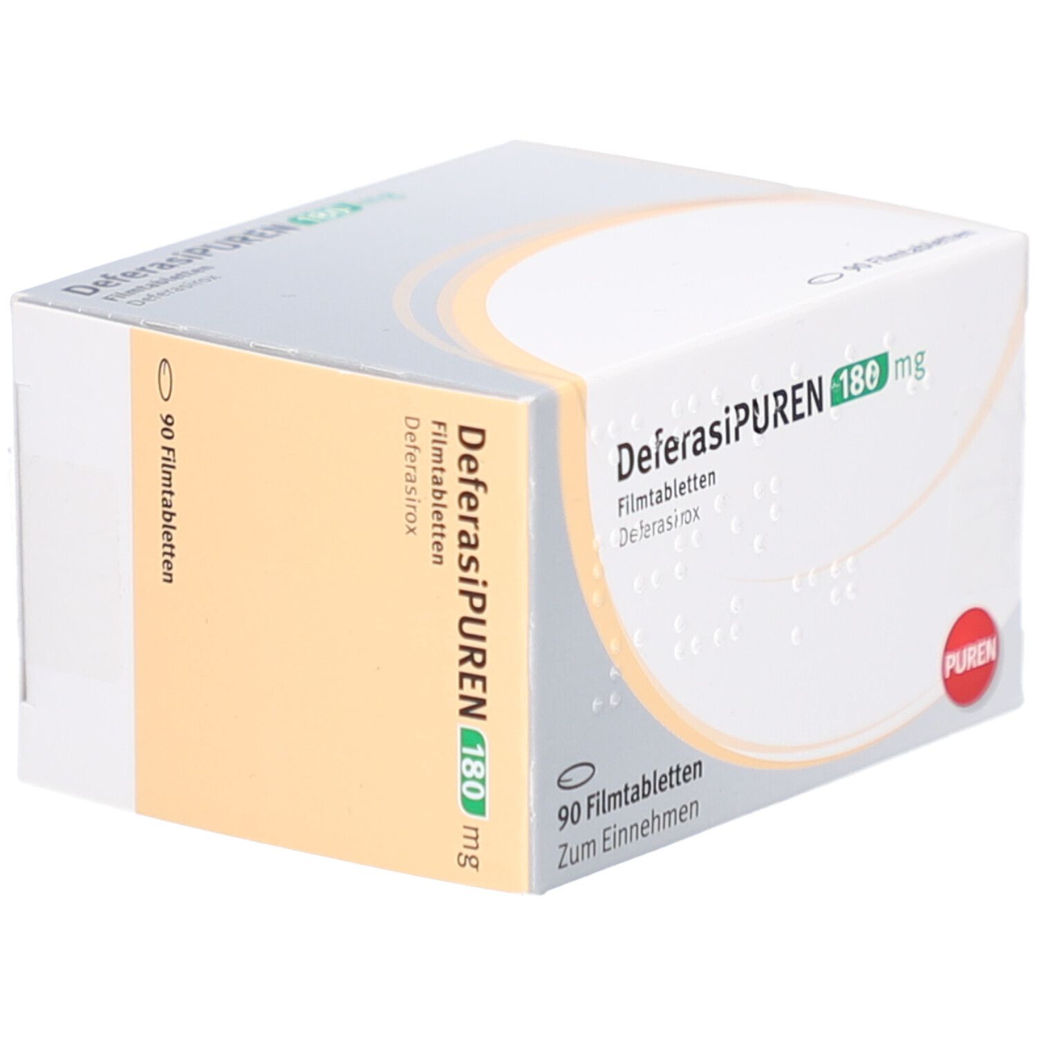 Schachtel mit DEFERASIPUREN 180 mg Filmtabletten. Aufschrift: 90 Filmtabletten. Marke: PUREN. Gelbe Fläche.