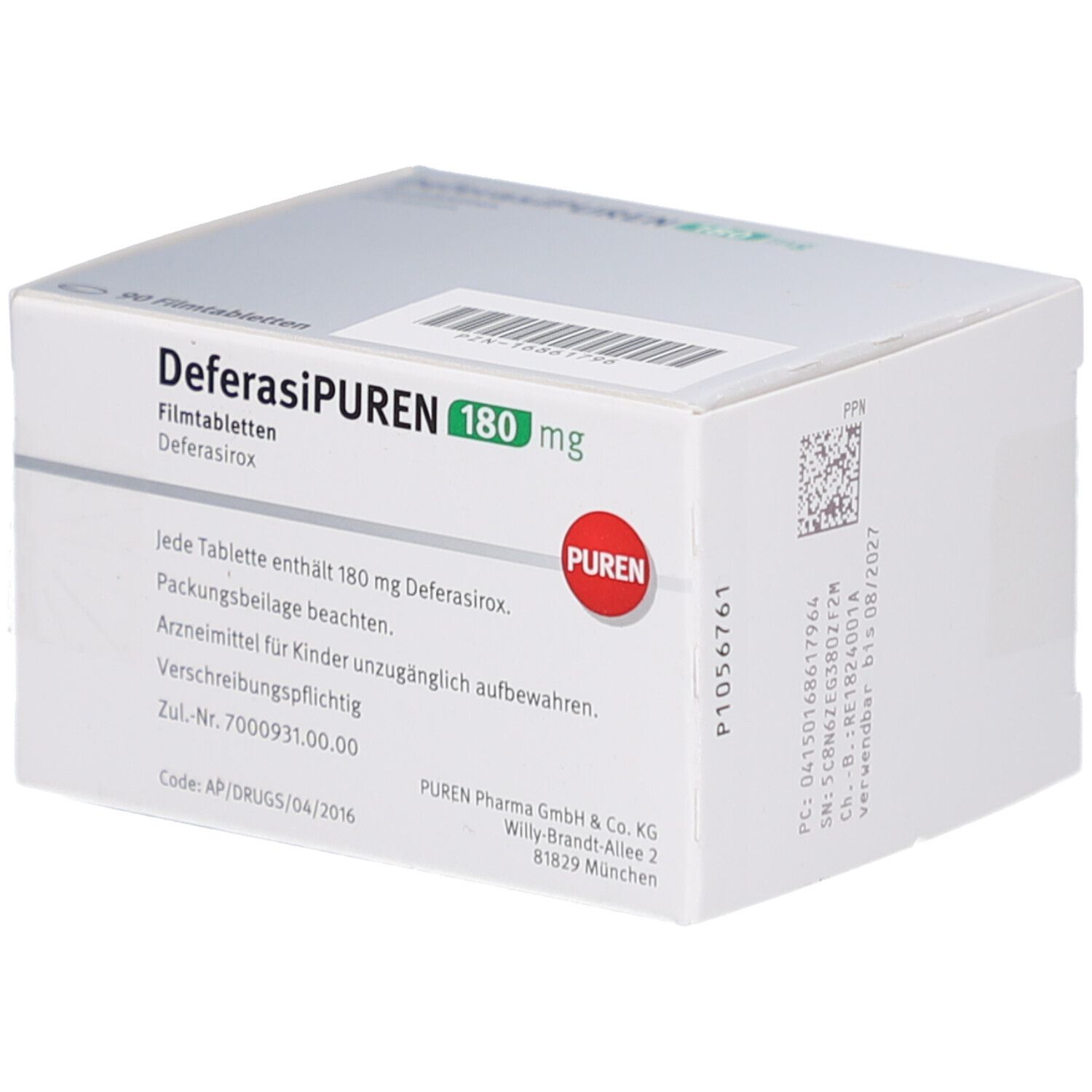Schachtel mit DEFERASIPUREN 180 mg Filmtabletten. Aufschrift: 90 Filmtabletten. Marke: PUREN. Text.