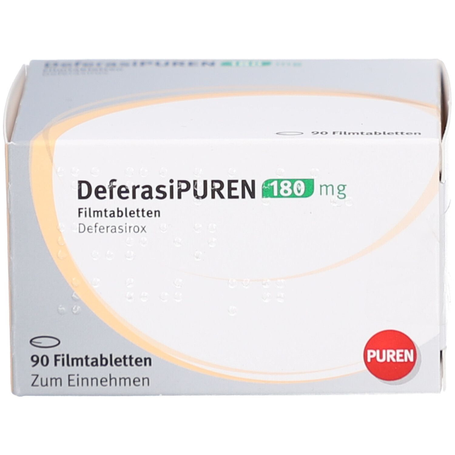 Schachtel mit DEFERASIPUREN 180 mg Filmtabletten. Aufschrift: 90 Filmtabletten. Marke: PUREN.