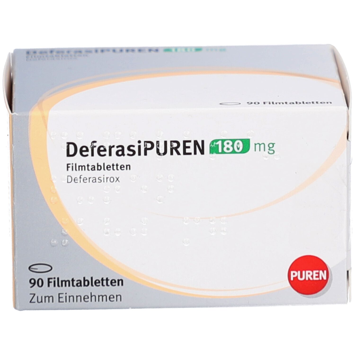 Schachtel mit DEFERASIPUREN 180 mg Filmtabletten. Aufschrift: 90 Filmtabletten. Marke: PUREN.