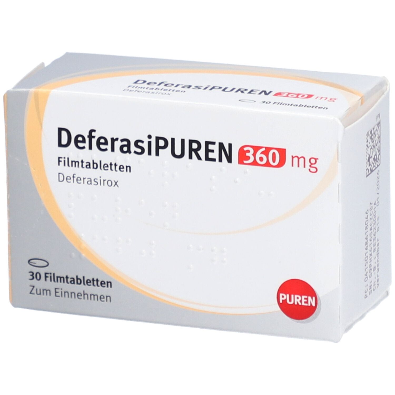 Schachtel mit DEFERASIPUREN 360 mg Filmtabletten. Aufschrift: 30 Filmtabletten, PUREN. Orangefarbener Streifen.