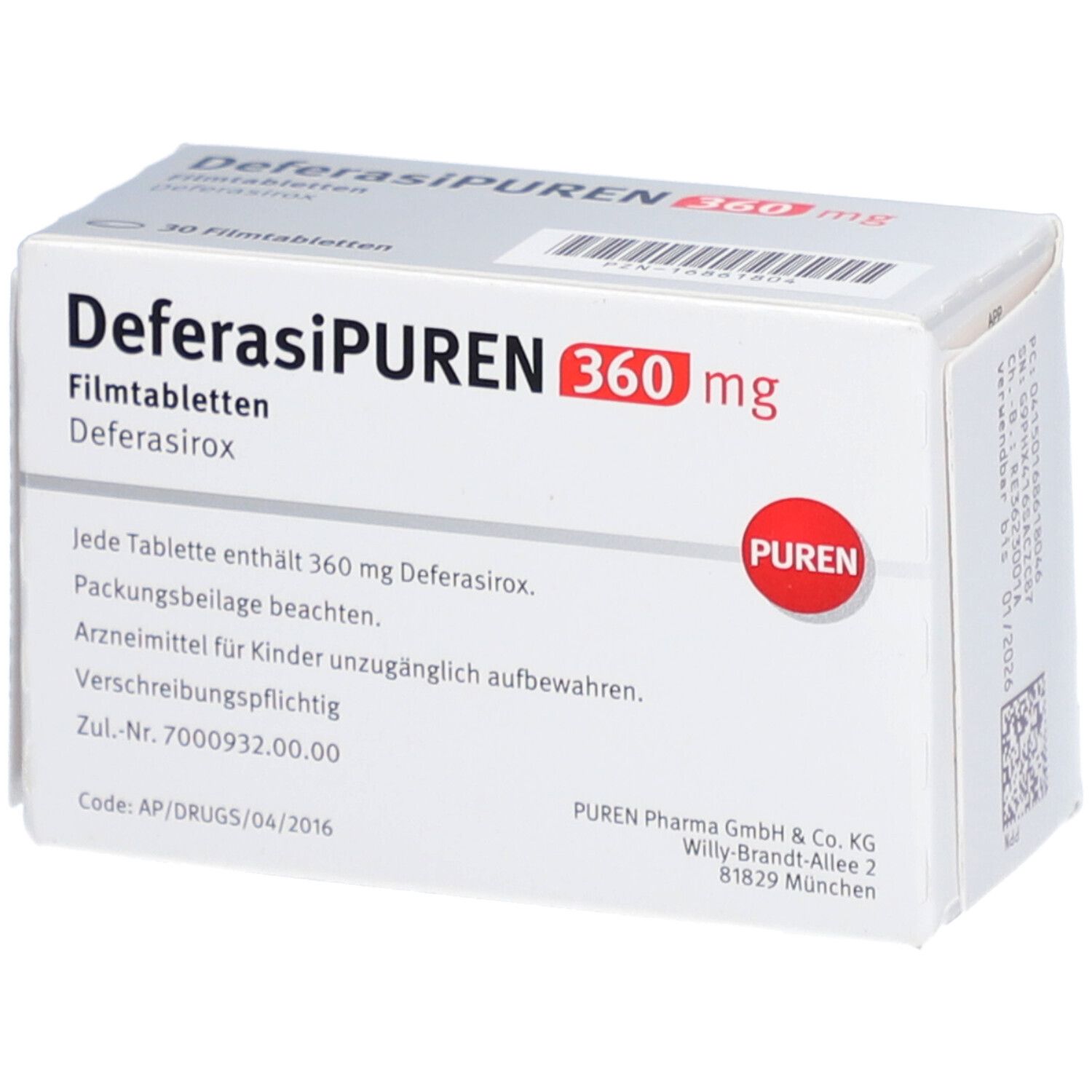 Schachtel mit DEFERASIPUREN 360 mg Filmtabletten. Aufschrift: 30 Filmtabletten, PUREN. Text auf der Rückseite.