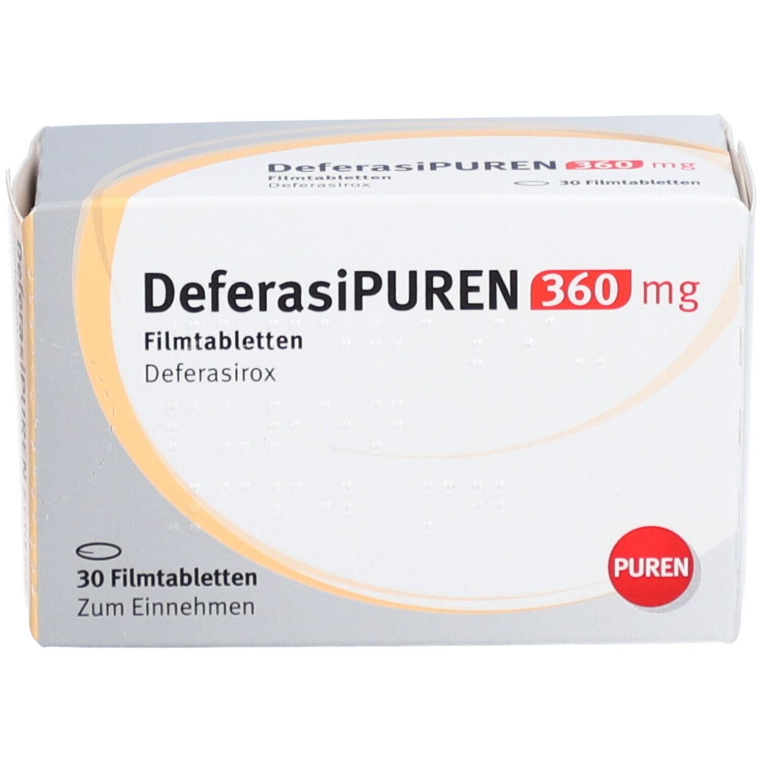 Schachtel mit DEFERASIPUREN 360 mg Filmtabletten. Aufschrift: 30 Filmtabletten, PUREN. Weißes Design.