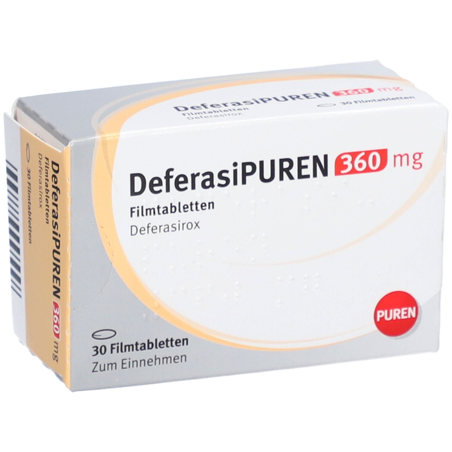 Schachtel mit DEFERASIPUREN 360 mg Filmtabletten. Aufschrift: 30 Filmtabletten, PUREN. Orangefarbener Streifen.