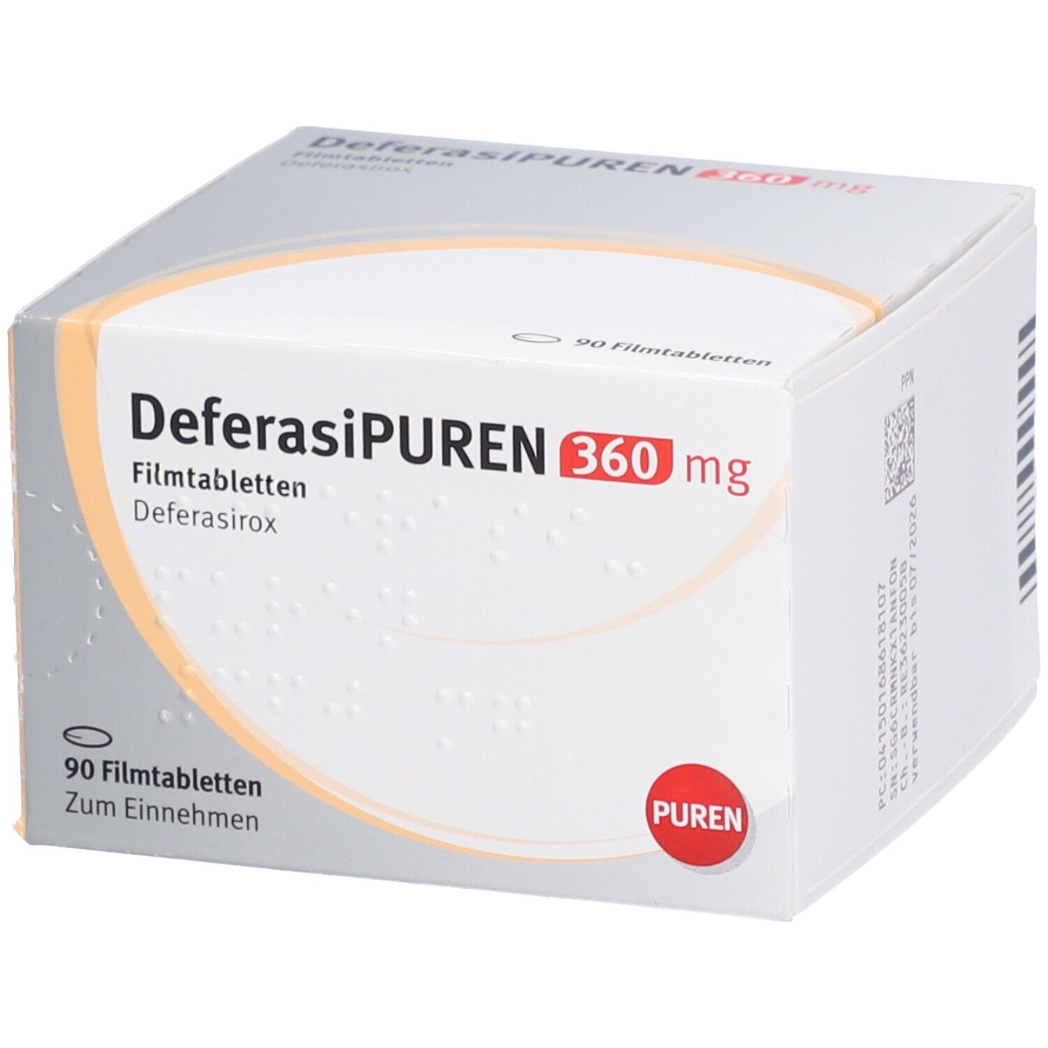 Schachtel DEFERASIPUREN 360 mg Filmtabletten. 90 Tabletten. PUREN-Logo. Weiße und orangefarbene Verpackung.