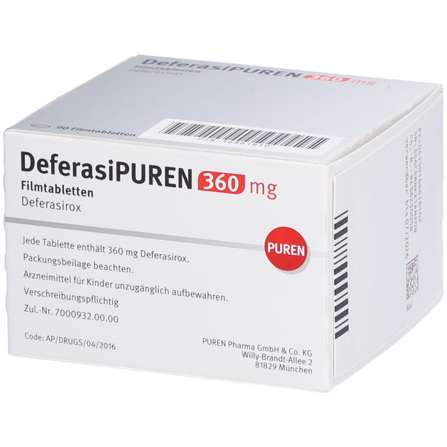 Schachtel DEFERASIPUREN 360 mg Filmtabletten. 90 Tabletten. PUREN-Logo. Weiße Verpackung mit Text.