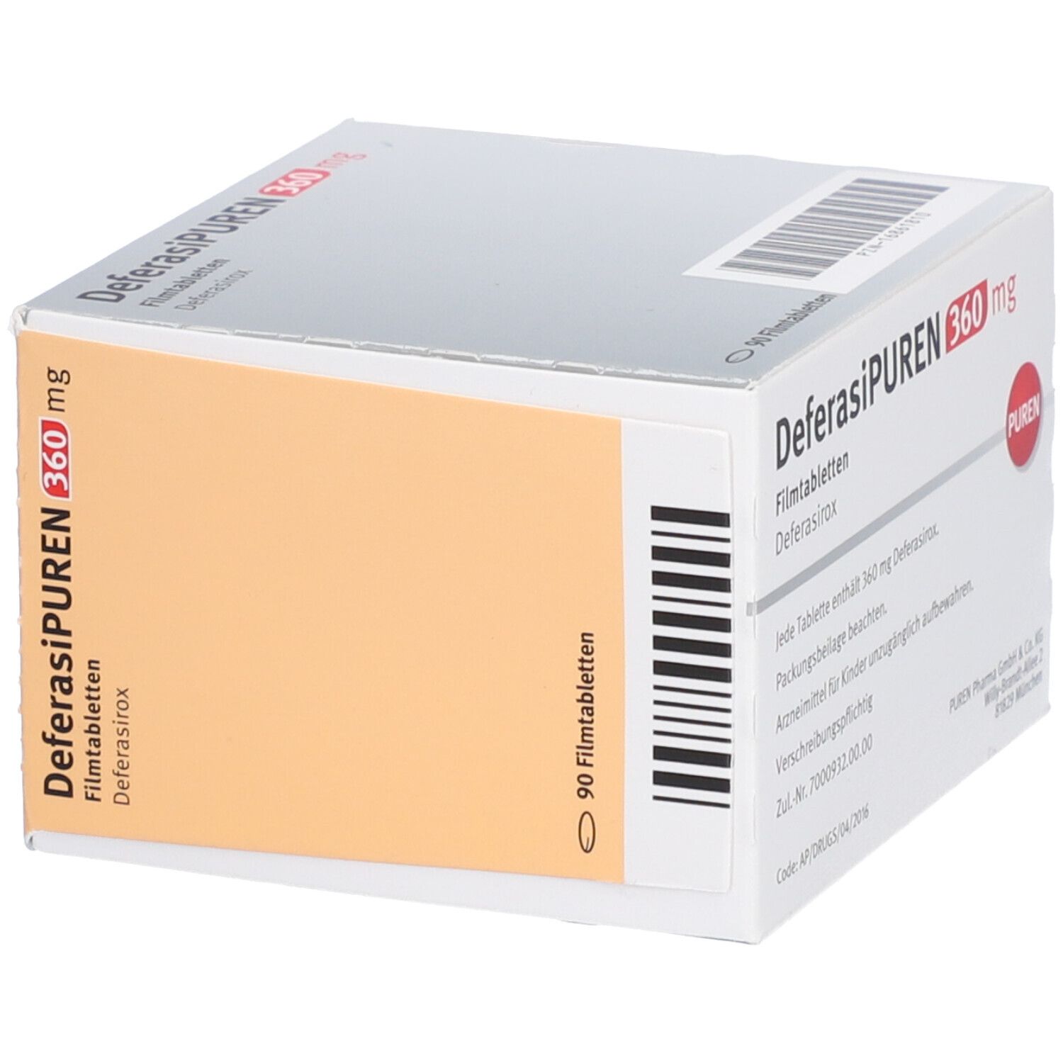 Schachtel DEFERASIPUREN 360 mg Filmtabletten. 90 Tabletten. PUREN-Logo. Weiße und orangefarbene Verpackung.