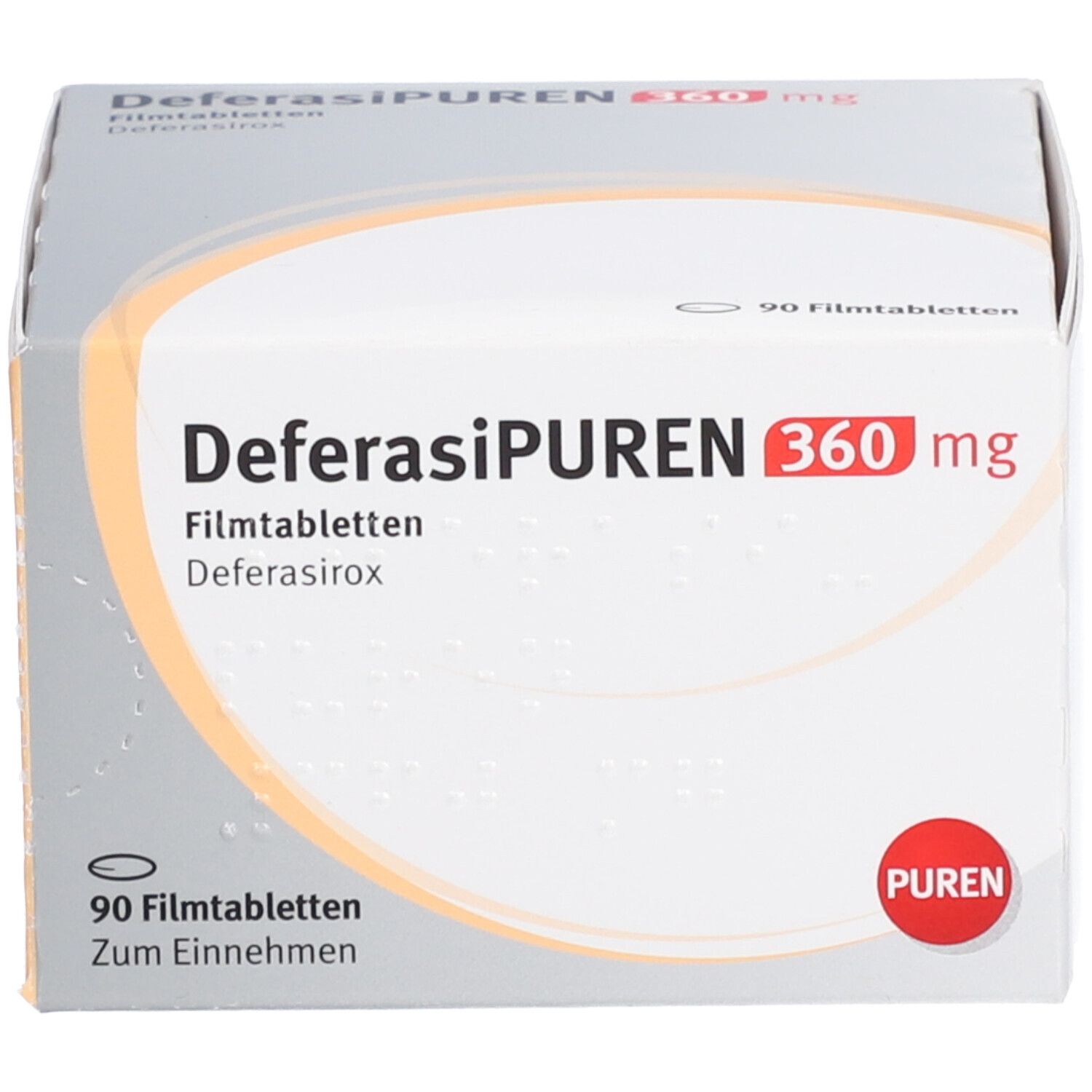 Schachtel DEFERASIPUREN 360 mg Filmtabletten. 90 Tabletten. PUREN-Logo. Weiße Verpackung mit Text.