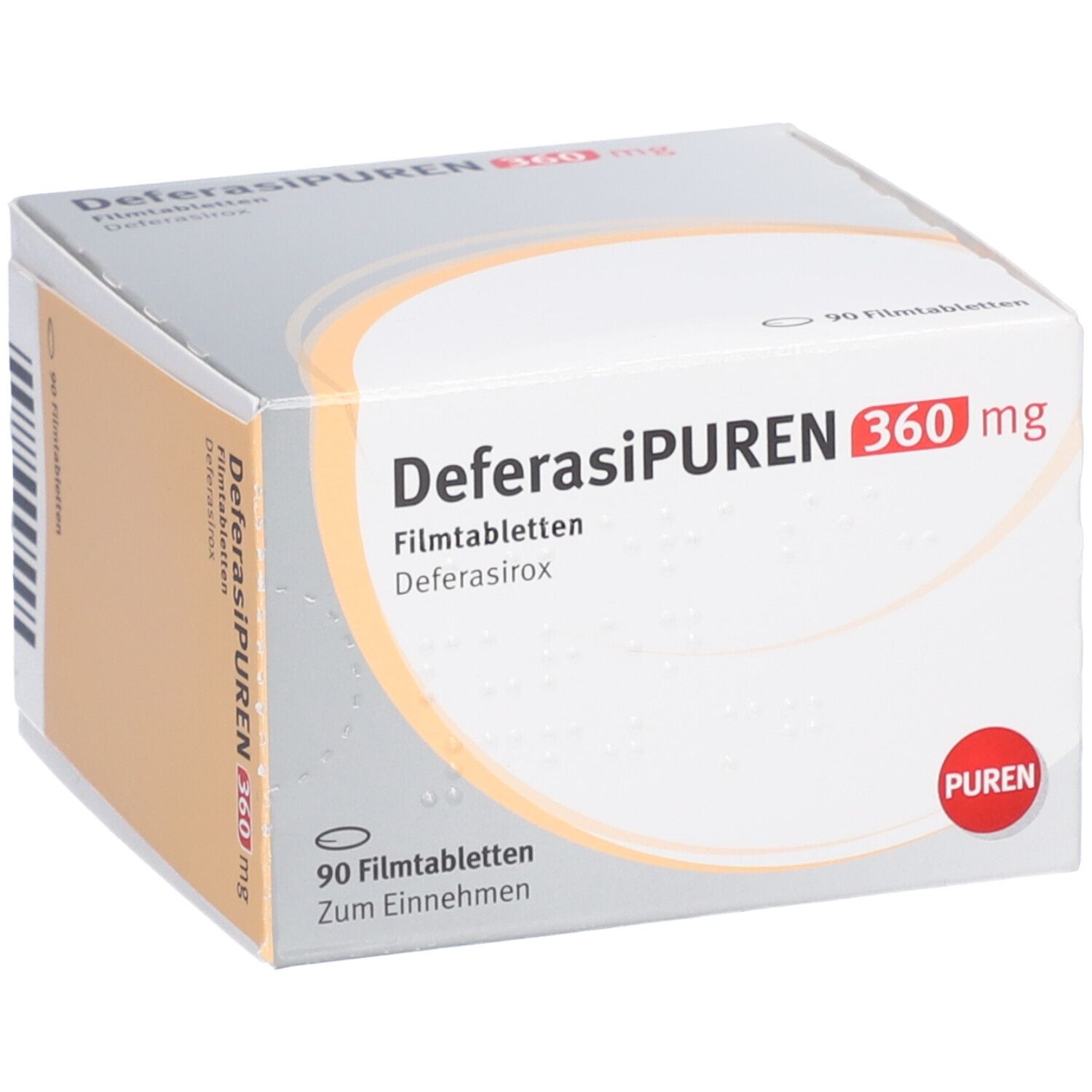 Schachtel DEFERASIPUREN 360 mg Filmtabletten. 90 Tabletten. PUREN-Logo. Weiße Verpackung mit Text.