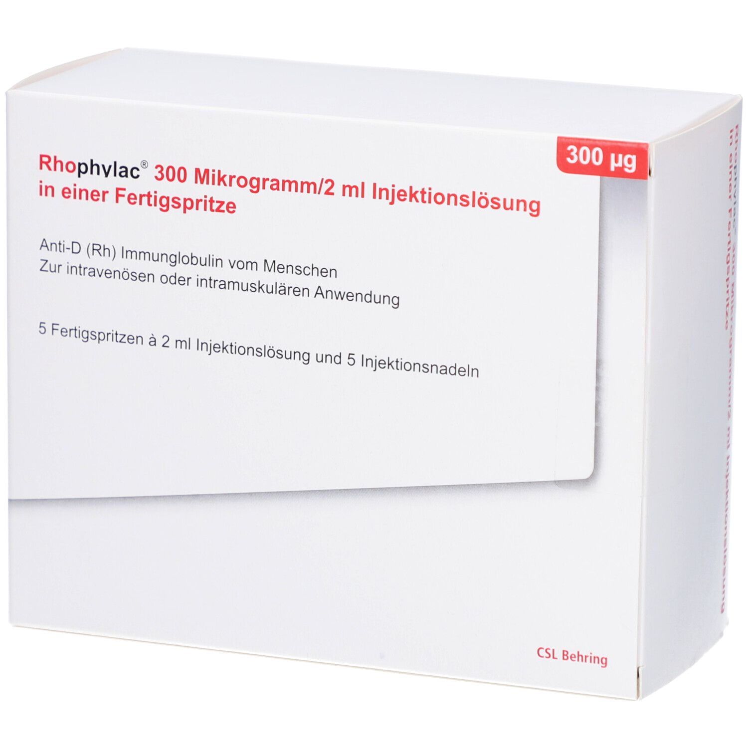 Weißer Karton mit roter Schrift. Enthält Rhophylac 300 Mikrogramm/2 ml Injektionslösung. 5 Fertigspritzen und 5 Injektionsnadeln.