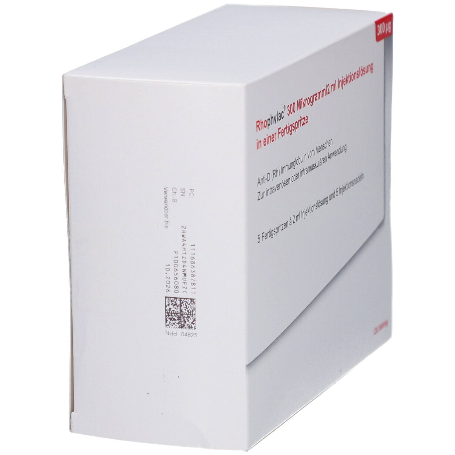 Weißer Karton, Seitenansicht. Enthält Rhophylac 300 Mikrogramm/2 ml Injektionslösung. Barcode und Chargennummer sichtbar.