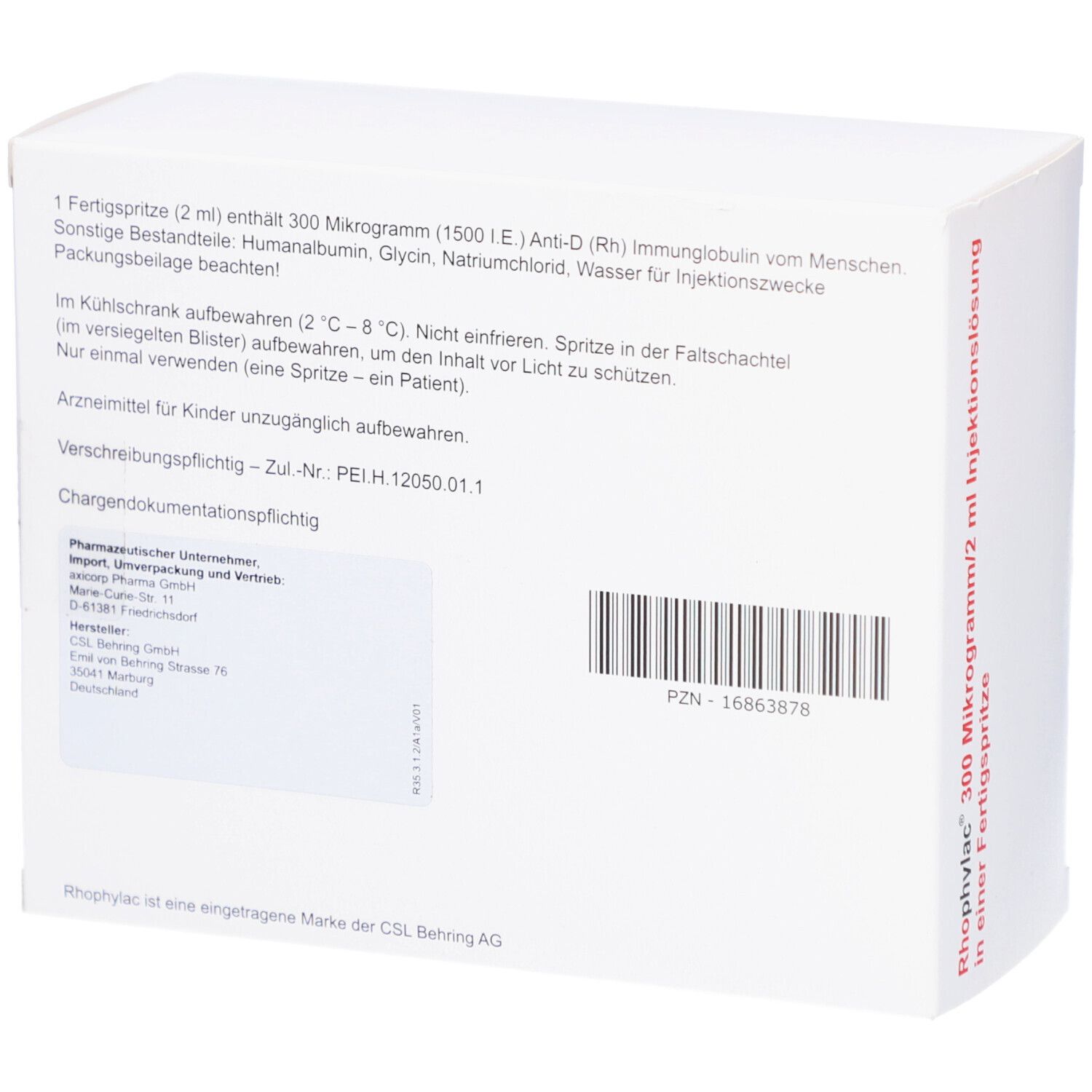 Rückseite des weißen Kartons. Enthält Informationen zu Inhaltsstoffen und Anwendung. PZN-Nummer und Barcode sichtbar.