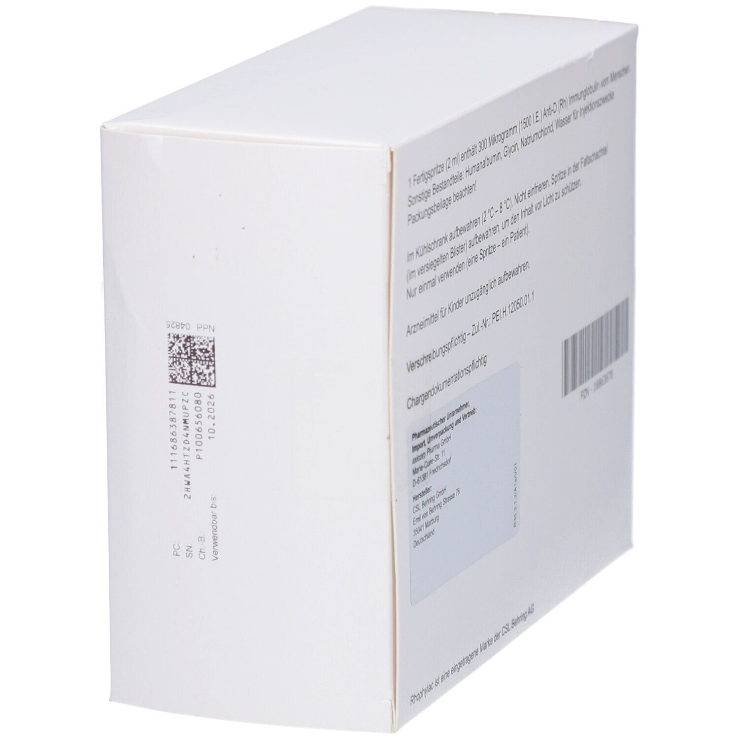 Seitenansicht des weißen Kartons. Enthält Informationen zu Inhaltsstoffen und Anwendung. Barcode und Chargennummer sichtbar.