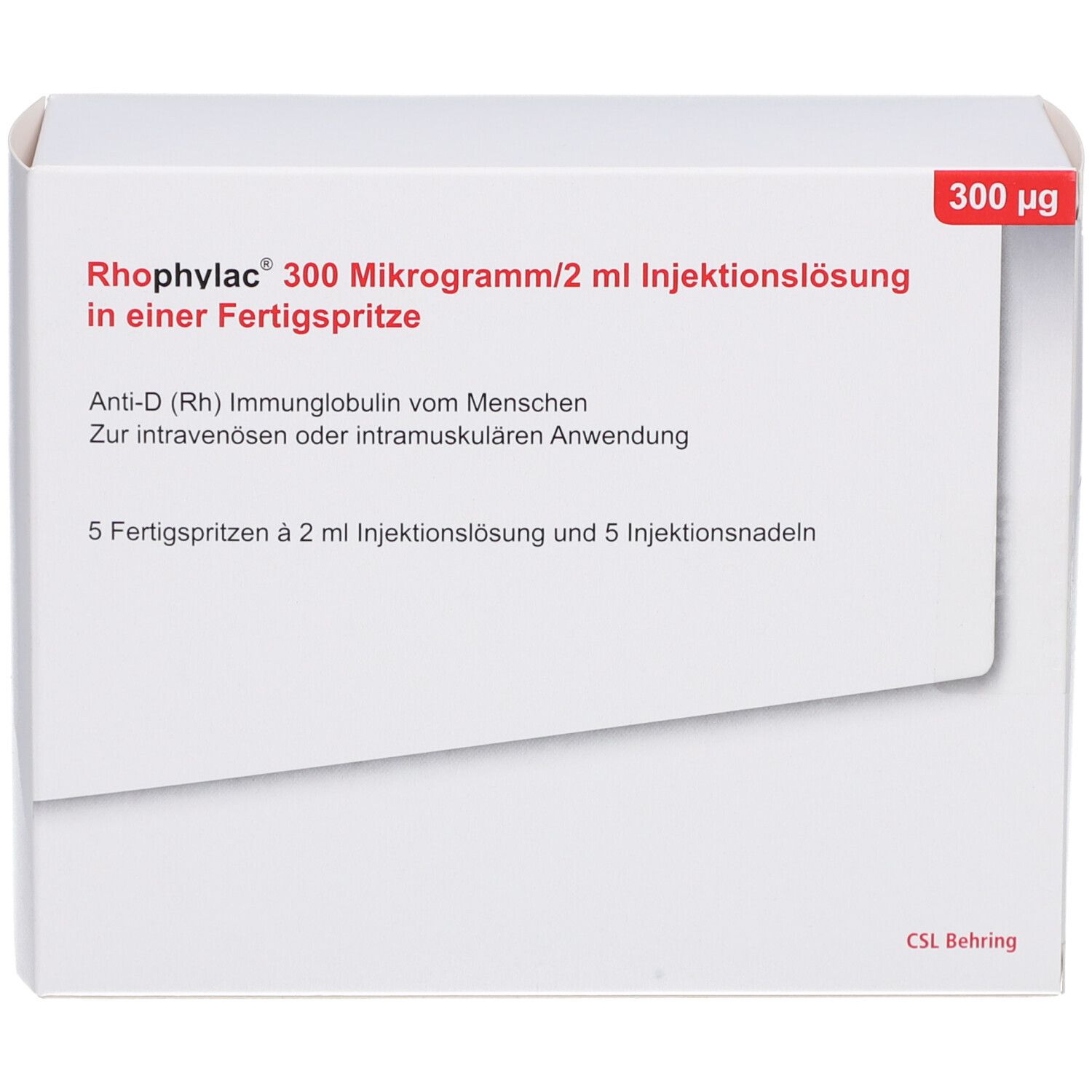 Weißer Karton mit roter Schrift. Enthält Rhophylac 300 Mikrogramm/2 ml Injektionslösung. 5 Fertigspritzen und 5 Injektionsnadeln.