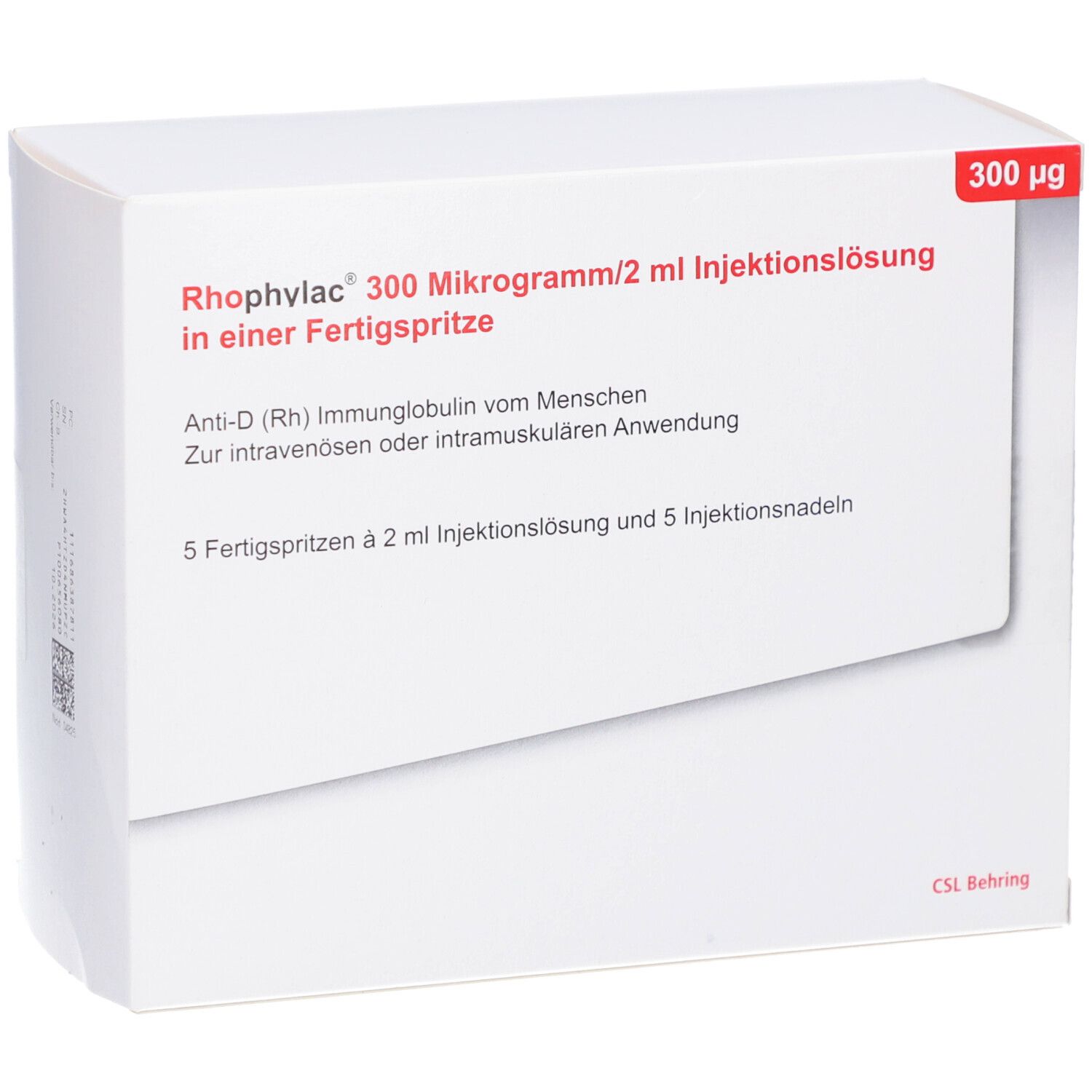Weißer Karton mit roter Schrift. Enthält Rhophylac 300 Mikrogramm/2 ml Injektionslösung. 5 Fertigspritzen und 5 Injektionsnadeln.