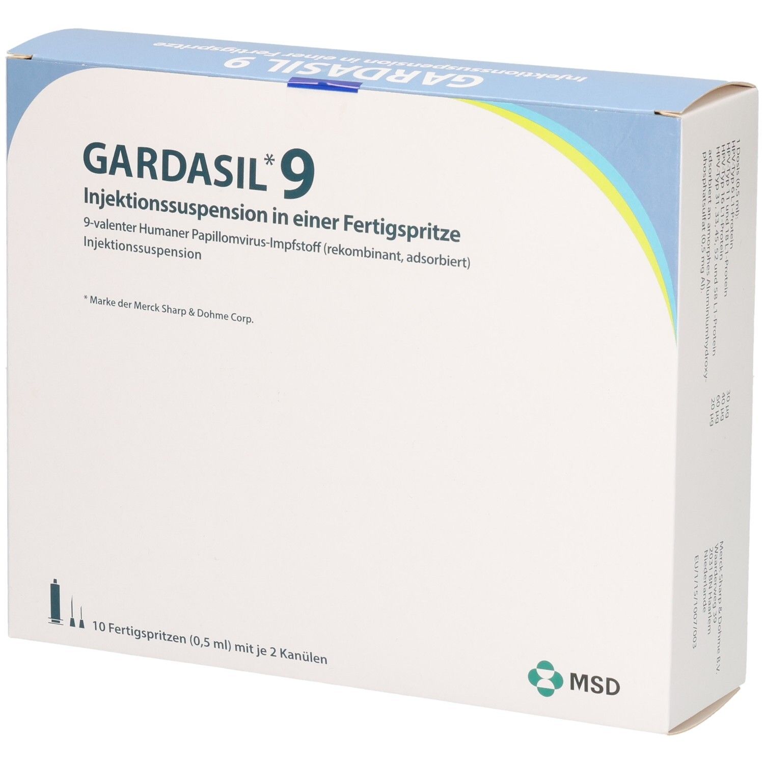 GARDASIL 9 Injektionssuspension in Fertigspritzen: 10 Spritzen (0,5 ml) mit je 2 Kanülen. MSD Logo.