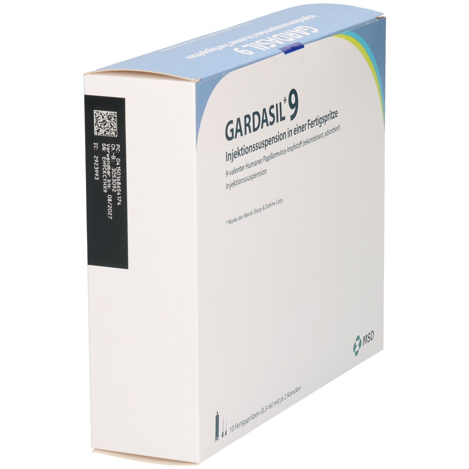 GARDASIL 9 Injektionssuspension: Seitenansicht der Verpackung mit Barcode und Chargennummer.