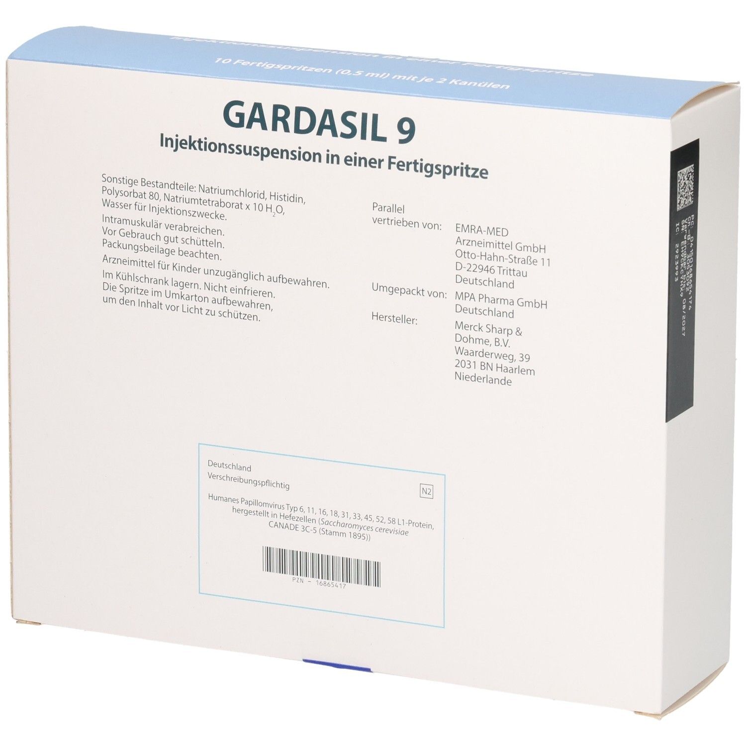 GARDASIL 9 Injektionssuspension: Rückseite der Verpackung mit Inhaltsstoffen, Herstellerangaben und Zulassungsinformationen.