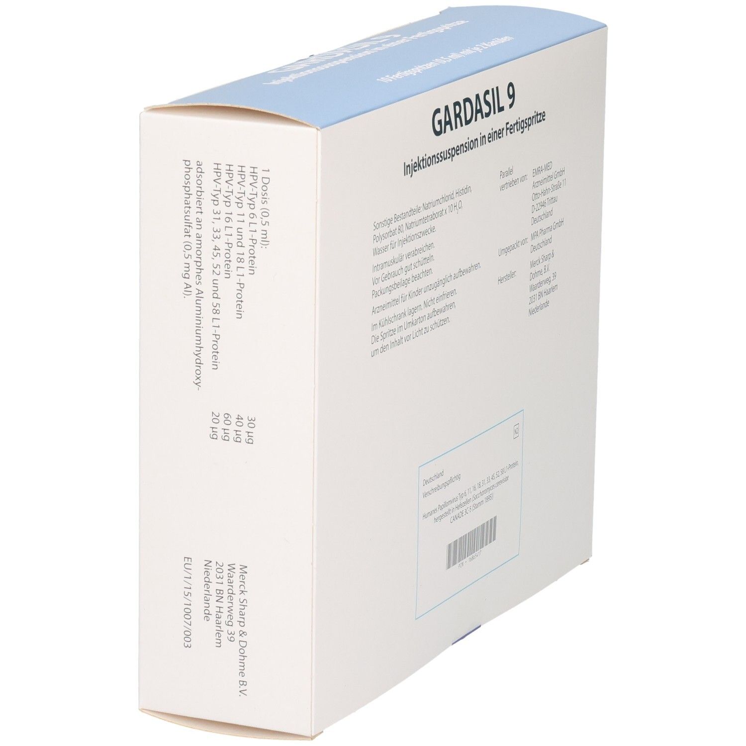 GARDASIL 9 Injektionssuspension: Seitenansicht der Verpackung mit detaillierten Inhaltsangaben pro Dosis.