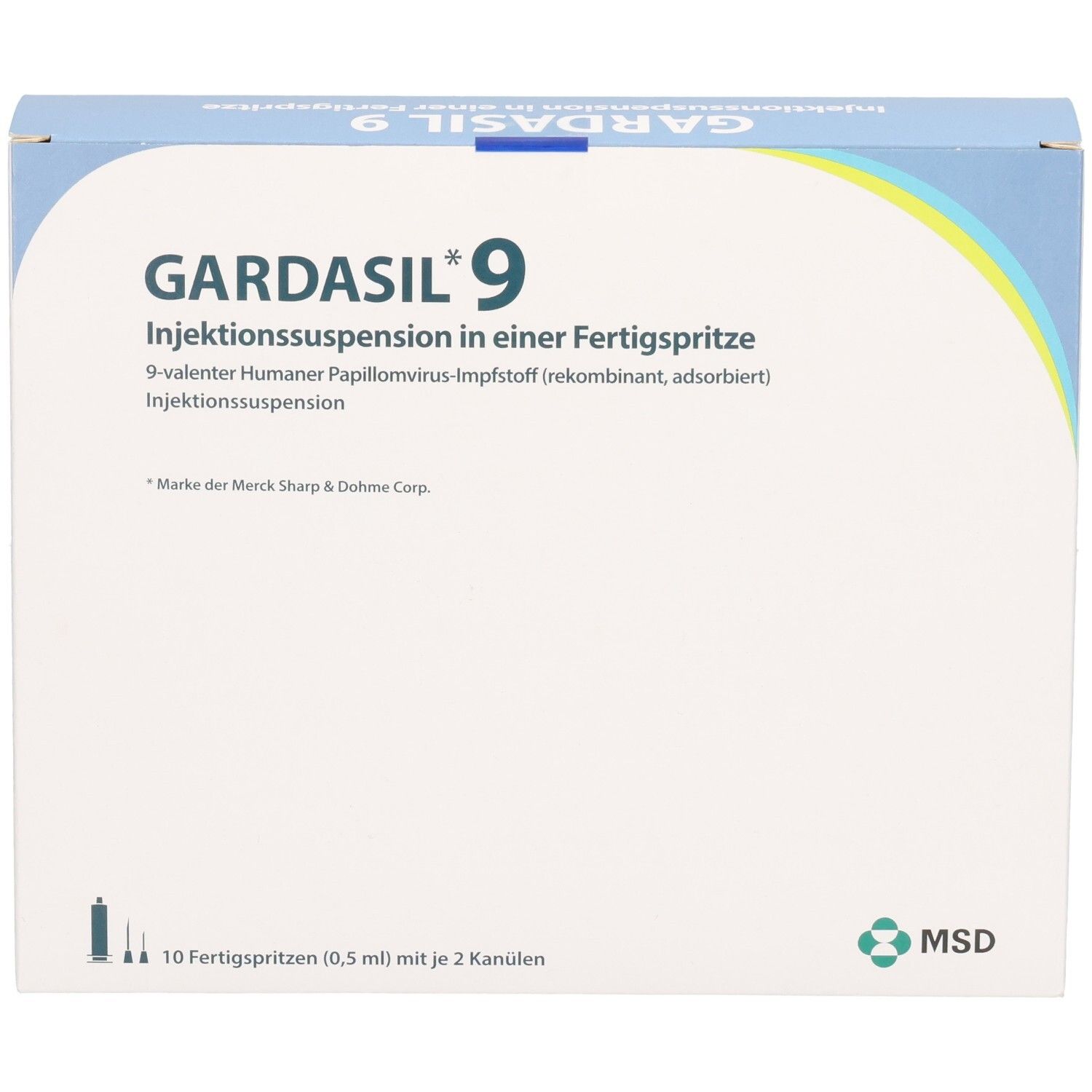 GARDASIL 9 Injektionssuspension in Fertigspritzen: 10 Spritzen (0,5 ml) mit je 2 Kanülen. MSD Logo.
