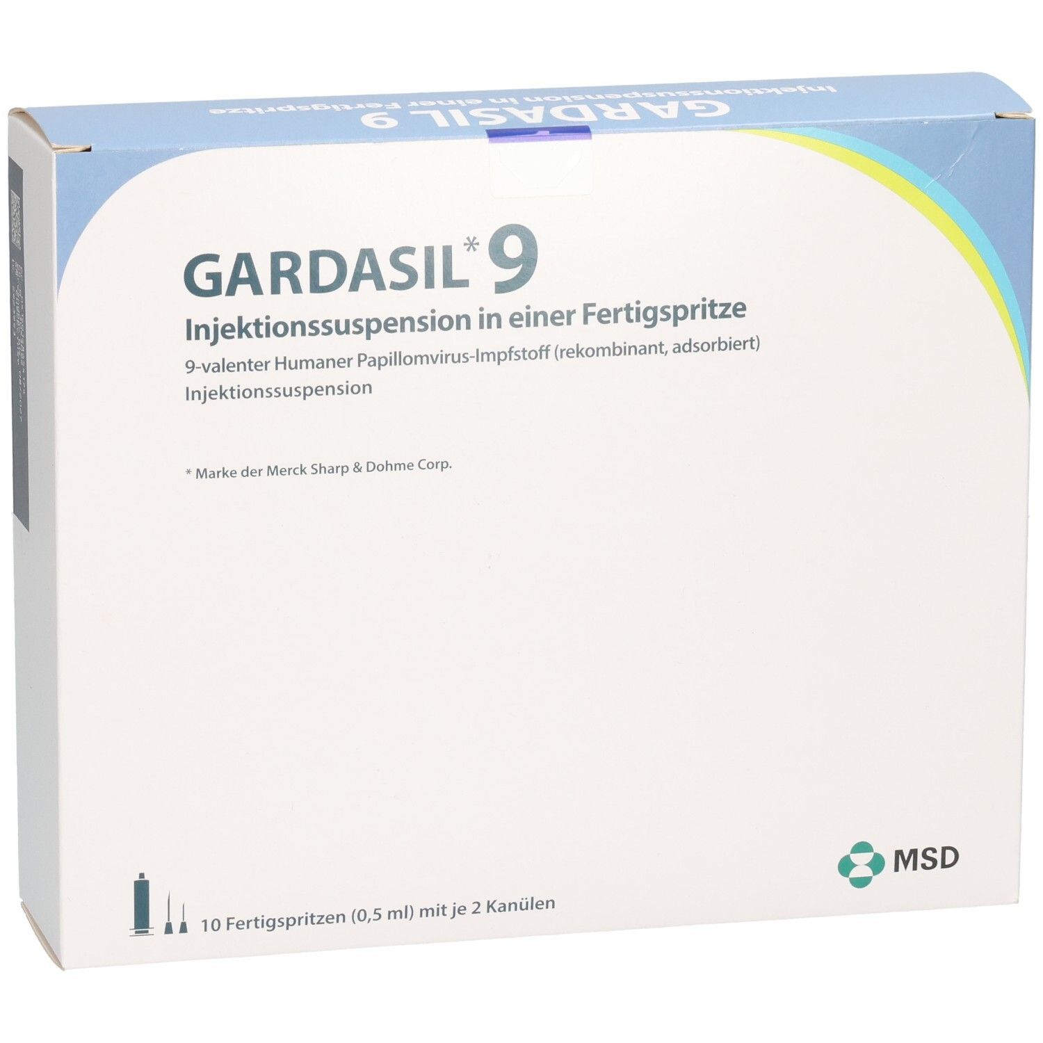 GARDASIL 9 Injektionssuspension in Fertigspritzen: 10 Spritzen (0,5 ml) mit je 2 Kanülen. MSD Logo.