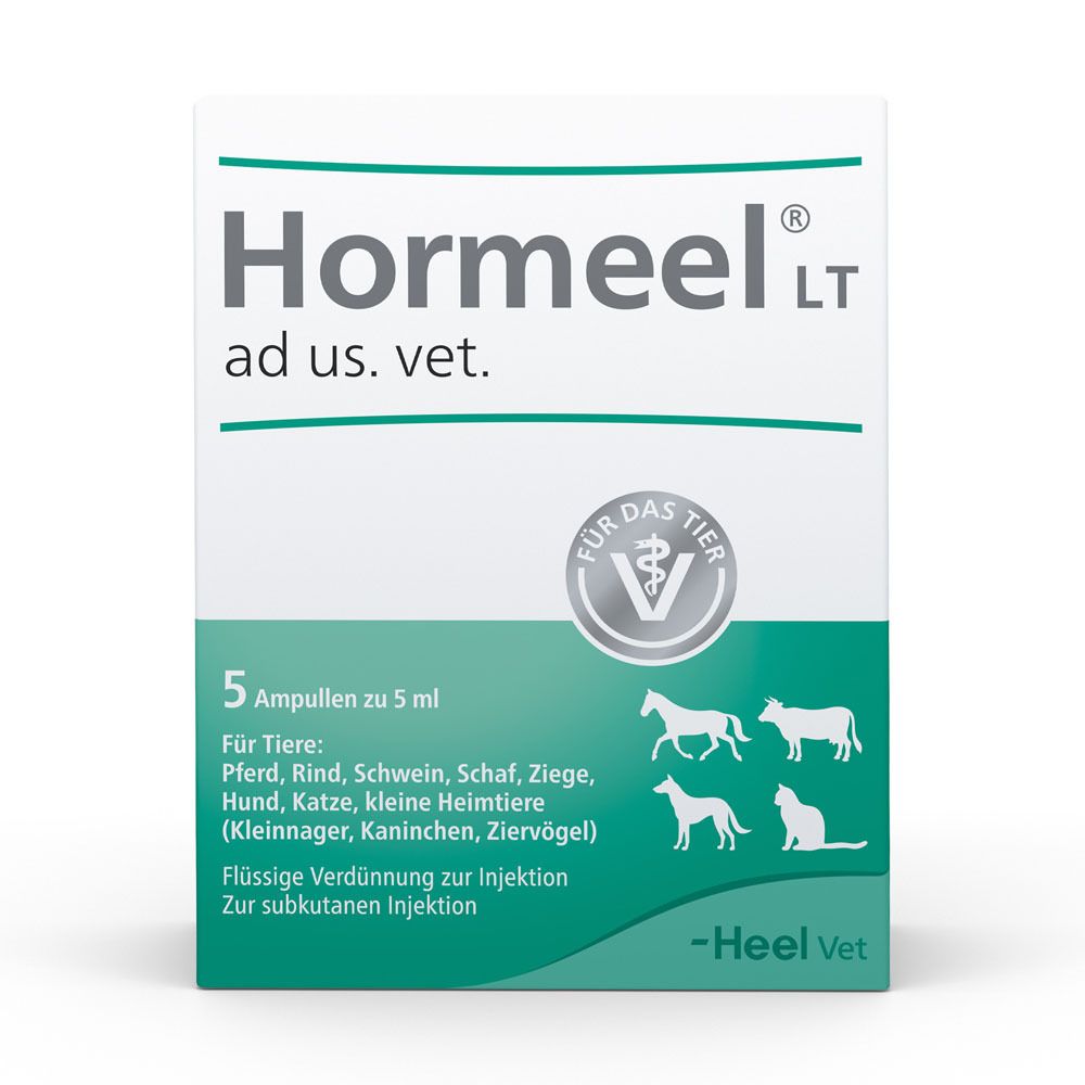 Verpackung von Hormeel LT ad us. vet. mit 5 Ampullen. Enthält Logos und Text in deutscher Sprache. Abgebildet sind Tier-Silhouetten.