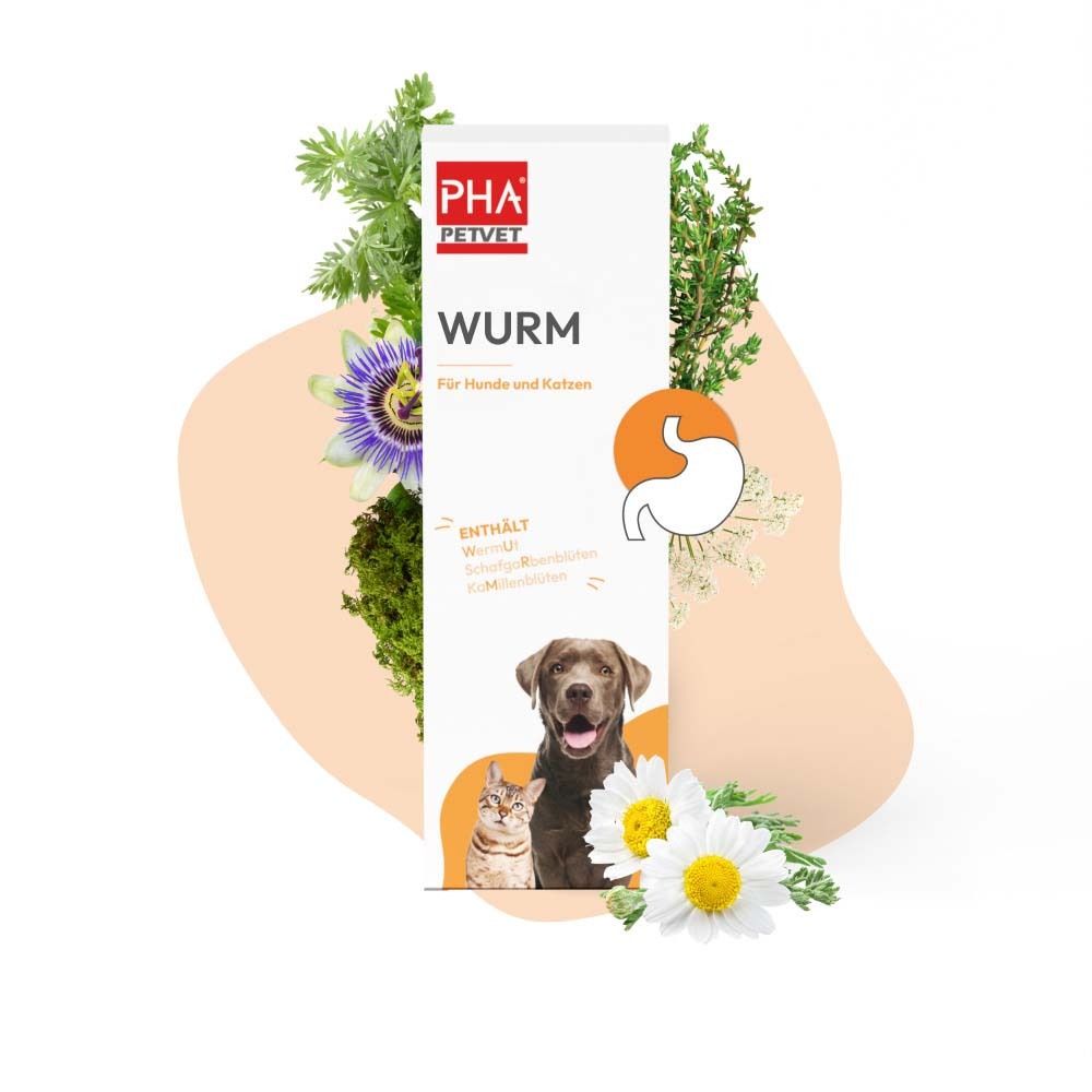 Weiße Verpackung mit Kräutern und Produktnamen. Abbildung von Hund und Katze. Text: Wurm, für Hunde und Katzen.