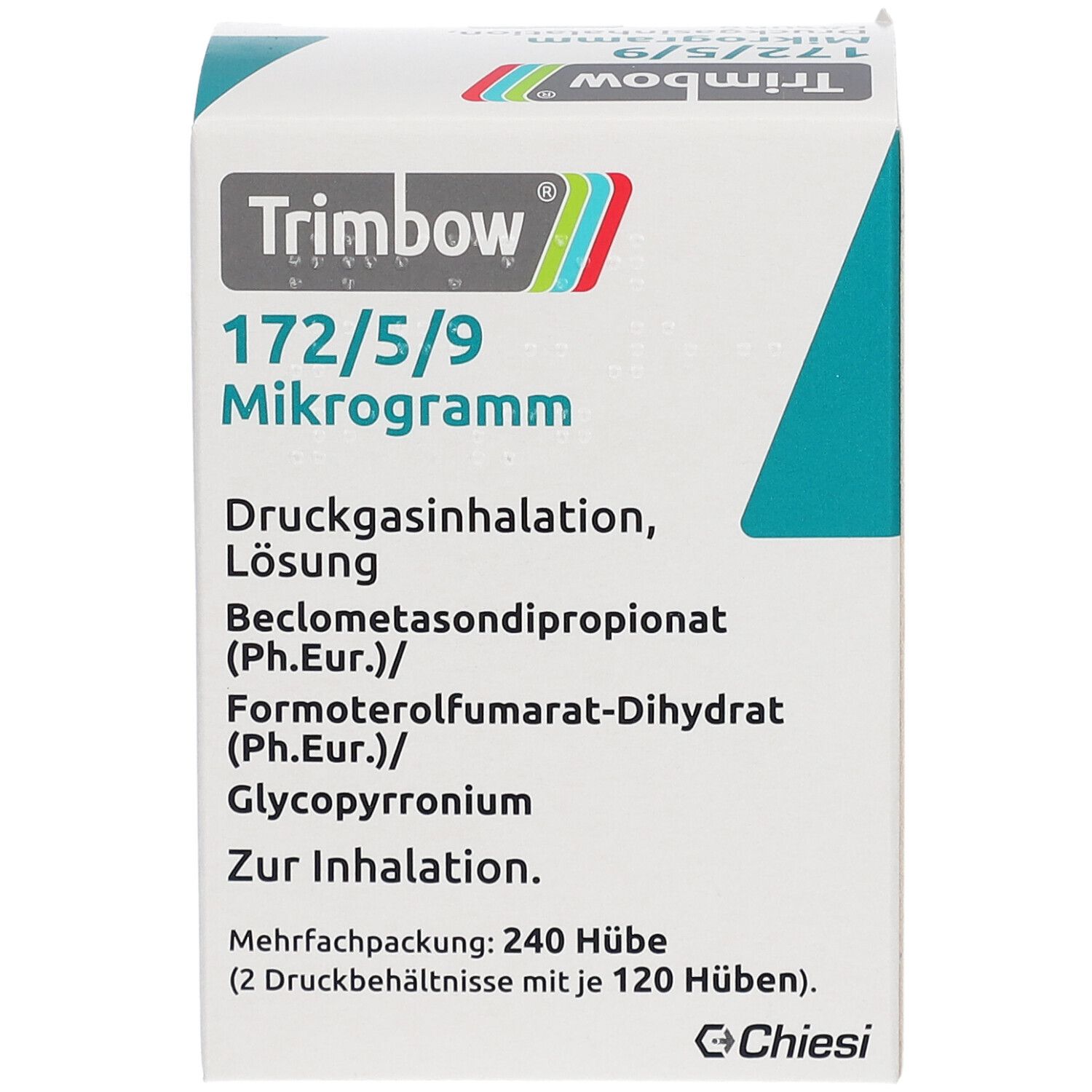 Trimbo 172/5/9 Mikrogramm Druckgasinhalation Lösung. Beclometasondipropionat, Formoterolfumarat-Dihydrat, Glycopyrronium. Mehrfachpackung: 240 Hübe.