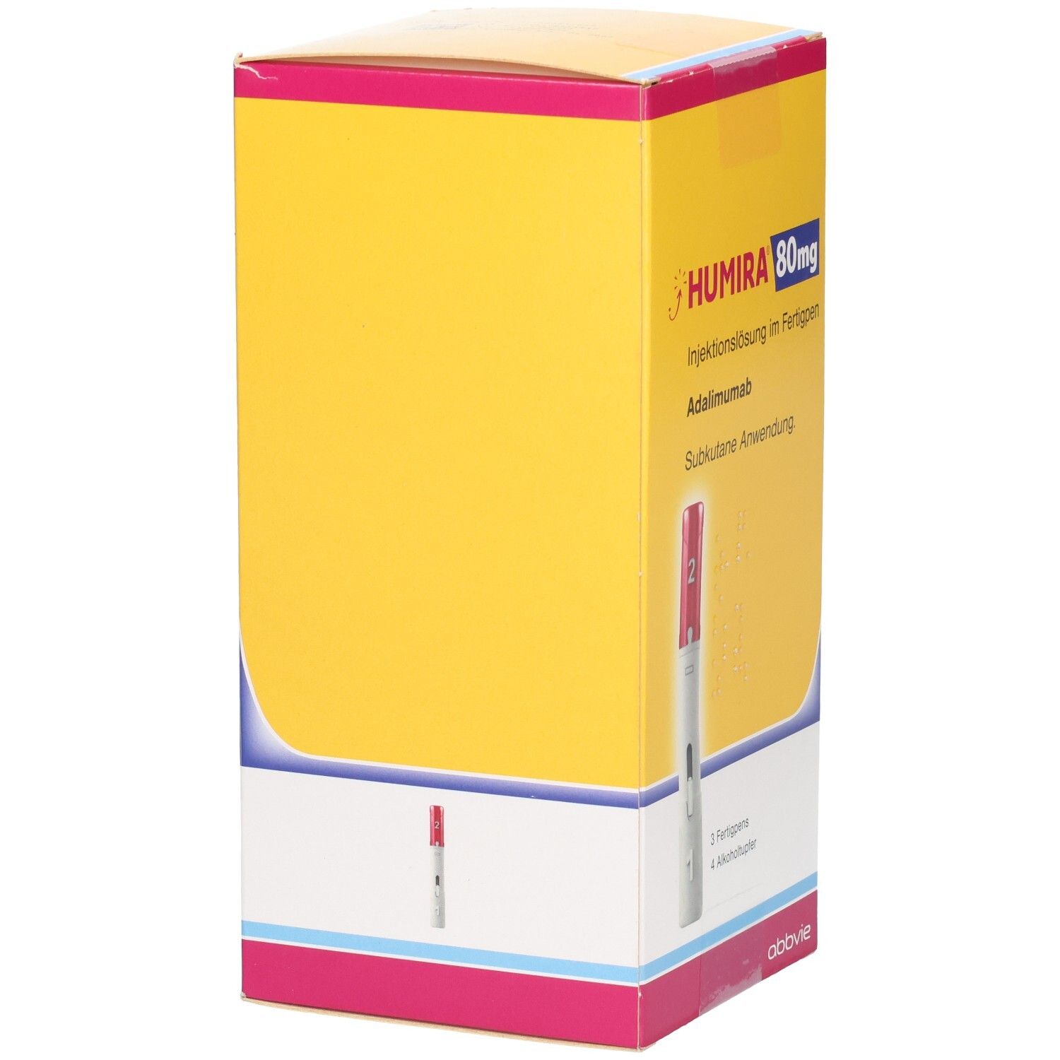 Gelbe Humira-Verpackung mit roter und weißer Abbildung eines Fertigpens. Text: Humira 80mg Injektionslösung im Fertigpen. Abbvie Logo.