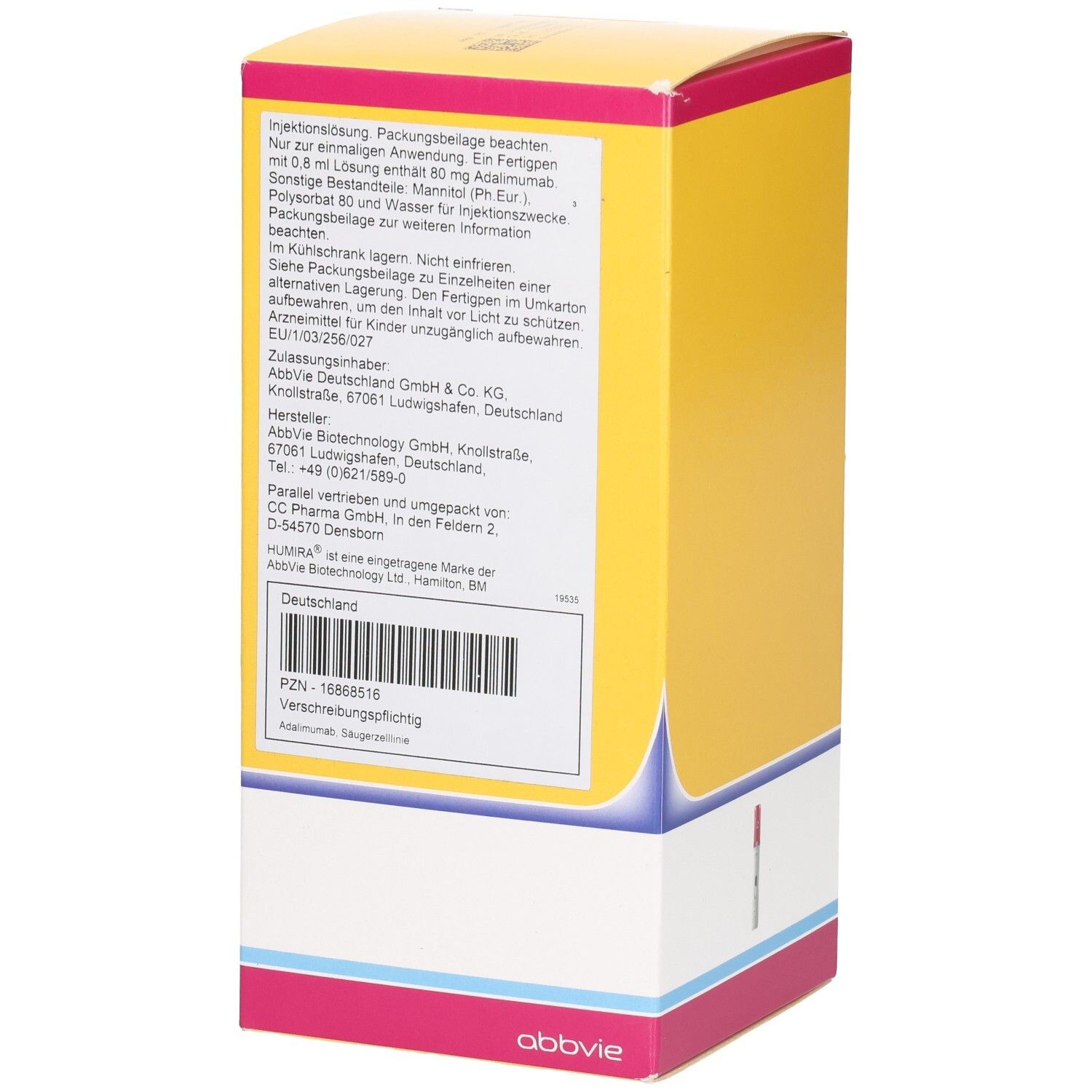 Rückseite der Humira-Verpackung. Enthält Text über die Injektionslösung, Herstellerinformationen und einen Barcode. Abbvie Logo.