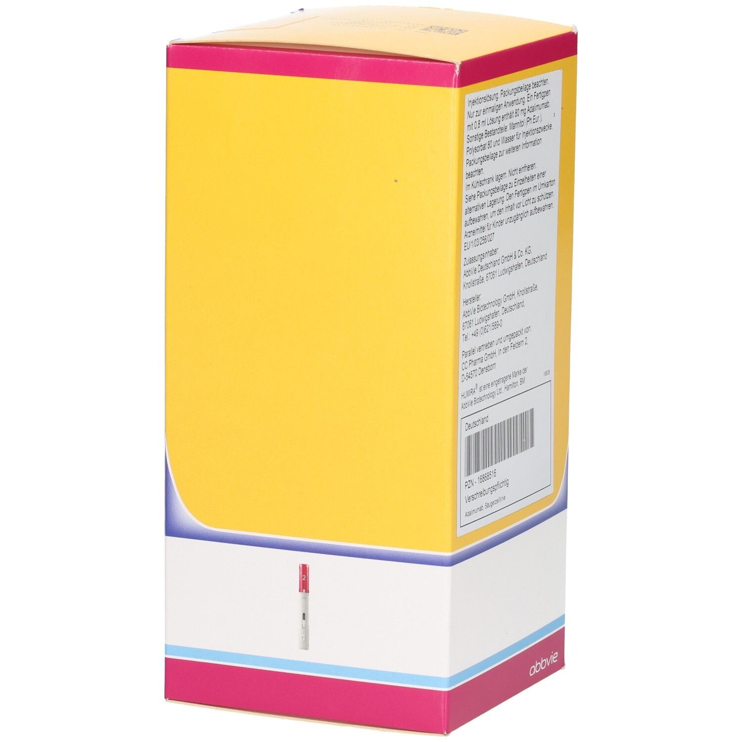 Rückseite der Humira-Verpackung. Enthält Text über die Injektionslösung und Herstellerinformationen. Abbvie Logo.