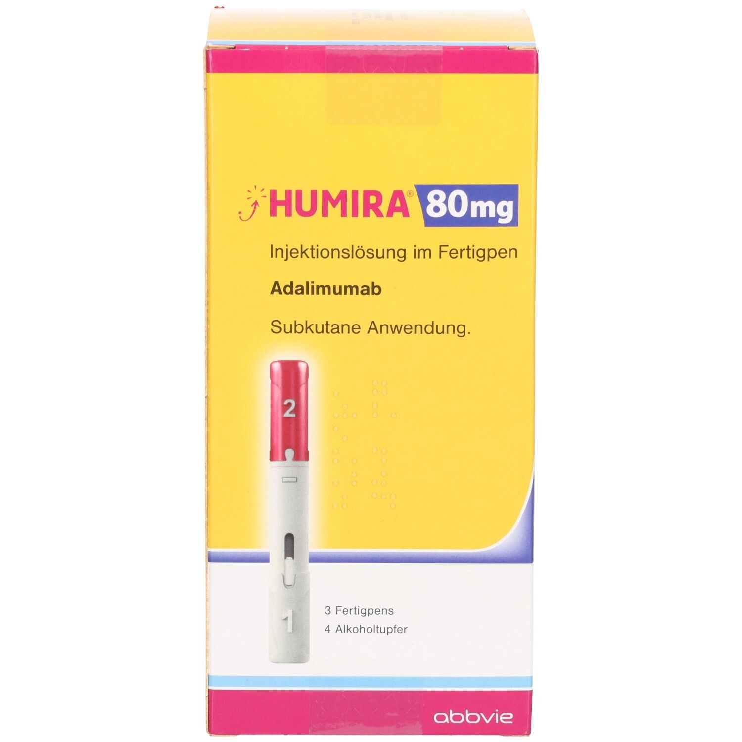 Gelbe Humira-Verpackung mit Fertigpen-Abbildung. Enthält 3 Fertigpens und 4 Alkoholtupfer. Text: Humira 80mg Injektionslösung im Fertigpen.