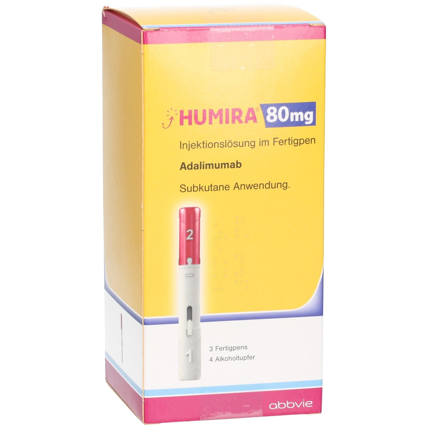 Gelbe Humira-Verpackung mit Fertigpen-Abbildung. Enthält 3 Fertigpens und 4 Alkoholtupfer. Text: Humira 80mg Injektionslösung im Fertigpen.