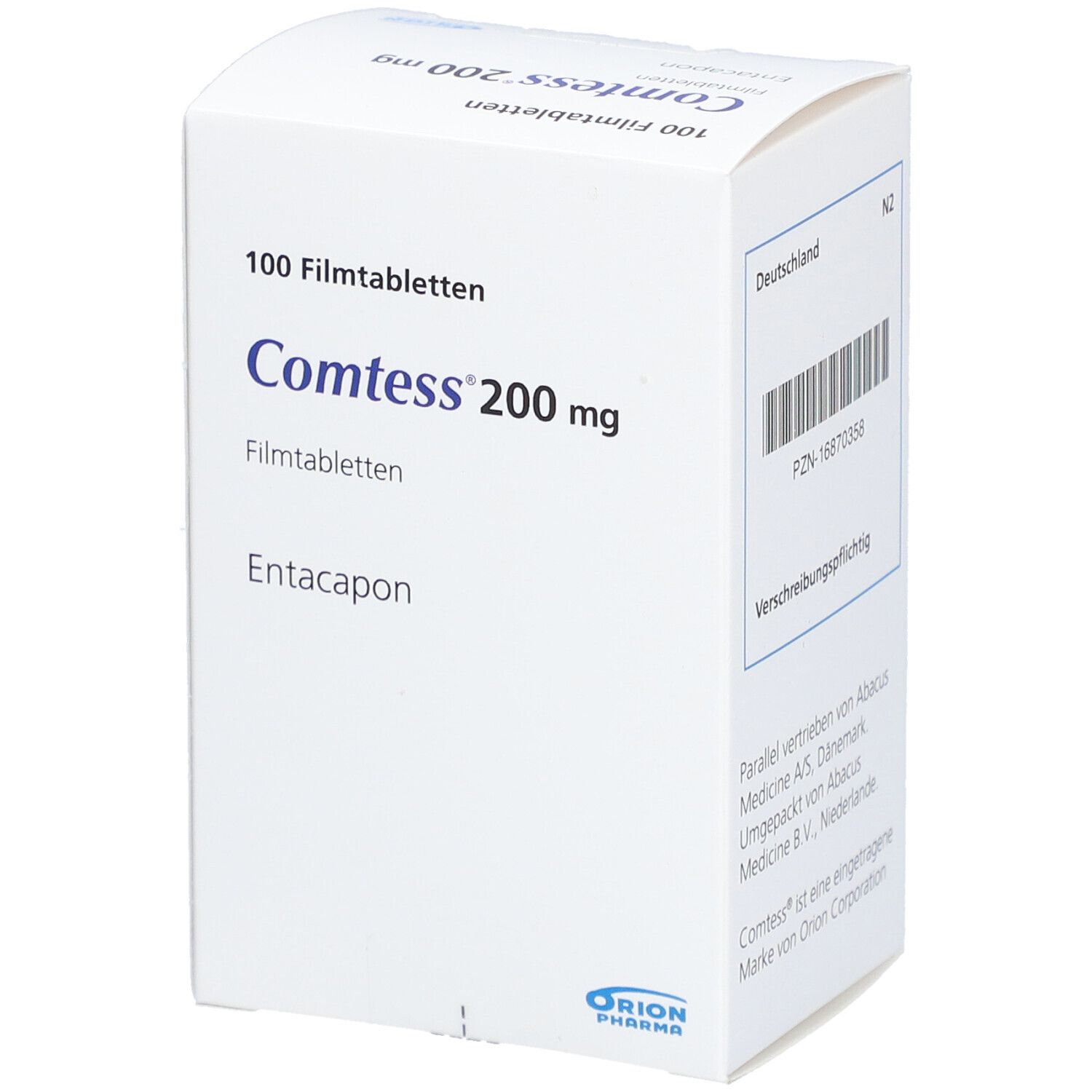 Weiße Schachtel mit Produktinformationen. Aufschrift: Comtess 200 mg Filmtabletten, 100 Filmtabletten. Barcode und Text: Deutschland.