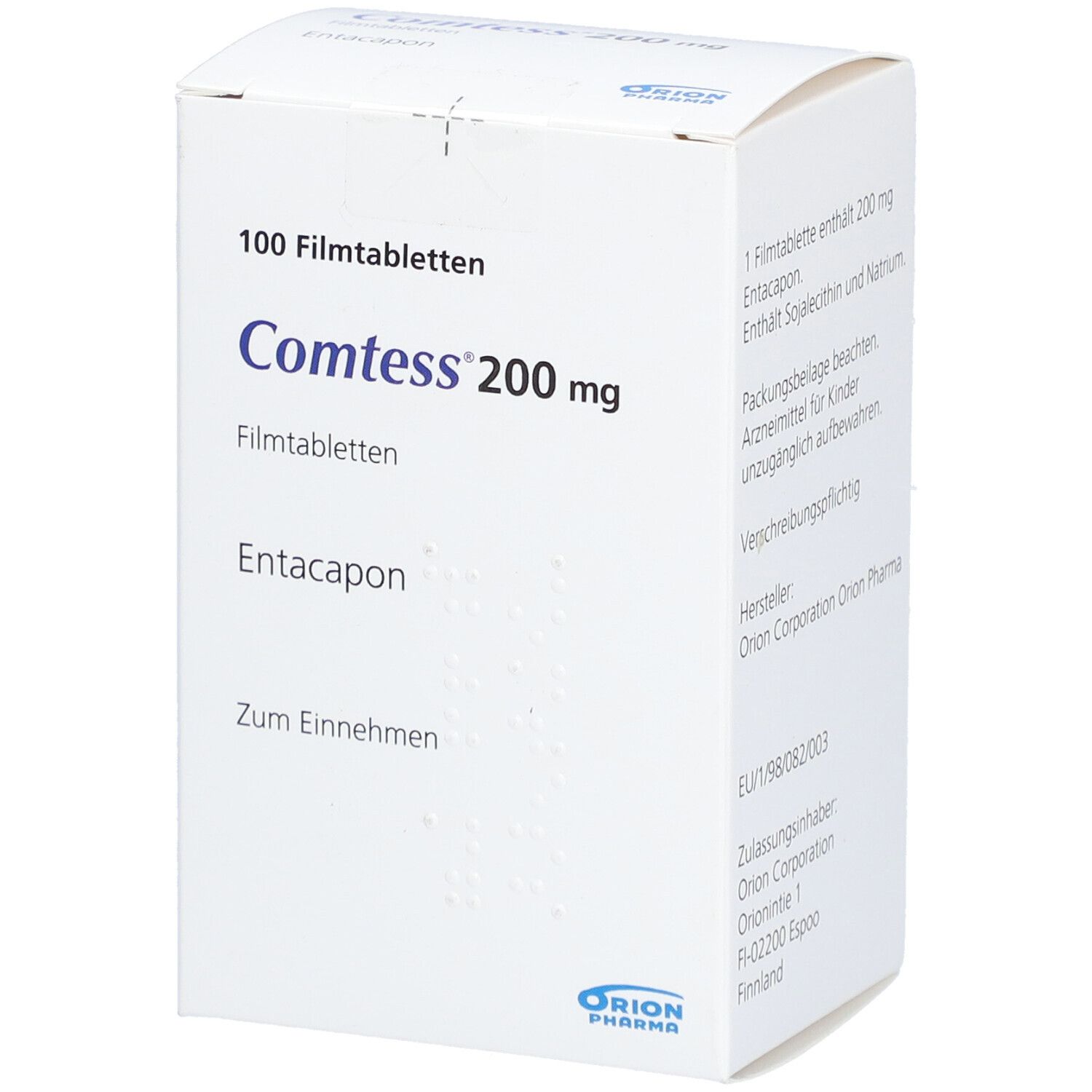 Weiße Schachtel mit Produktinformationen. Aufschrift: Comtess 200 mg Filmtabletten, 100 Filmtabletten. Text: Zum Einnehmen. Hersteller: Orion Pharma.