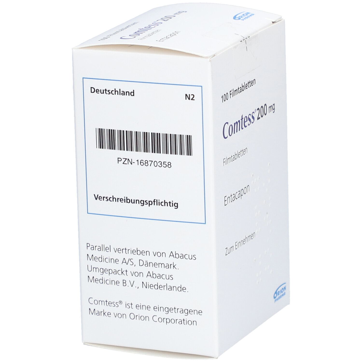 Weiße Schachtel mit Produktinformationen. Aufschrift: Comtess 200 mg Filmtabletten, 100 Filmtabletten. Text: Verschreibungspflichtig. Barcode.